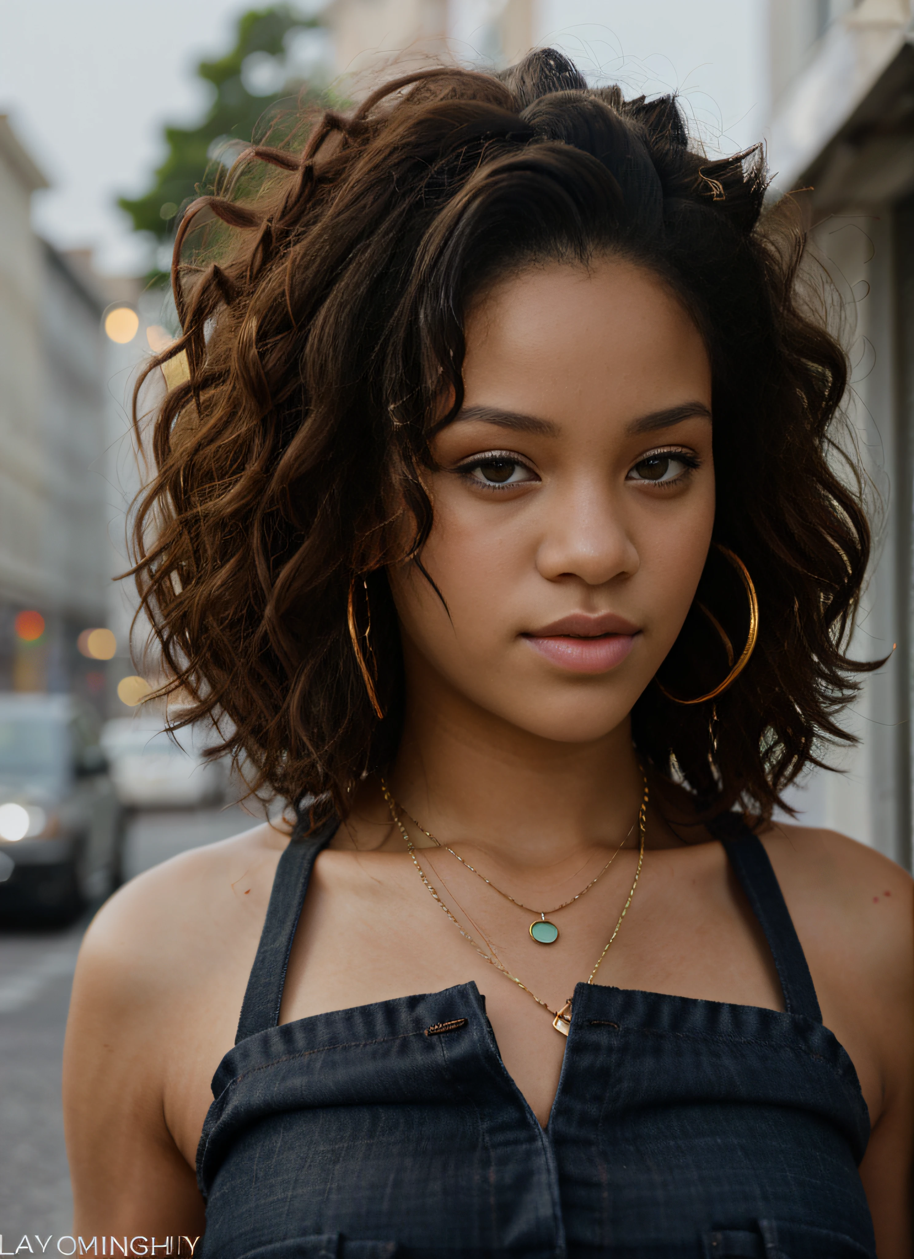 Realistic photo of a beautiful r1h4nn4 woman, 1girl, solo, looking at viewer, brown hair, bare shoulders, brown eyes, jewelry, collarbone, earrings, dark skin, necklace, dark-skinned female, lips, portrait, curly hair, realistic, soft lighting, professional Photography, Photorealistic, detailed, RAW, analog, sharp focus, 8k, HD, DSLR, high quality, Fujifilm XT3, film grain, award winning, masterpiece