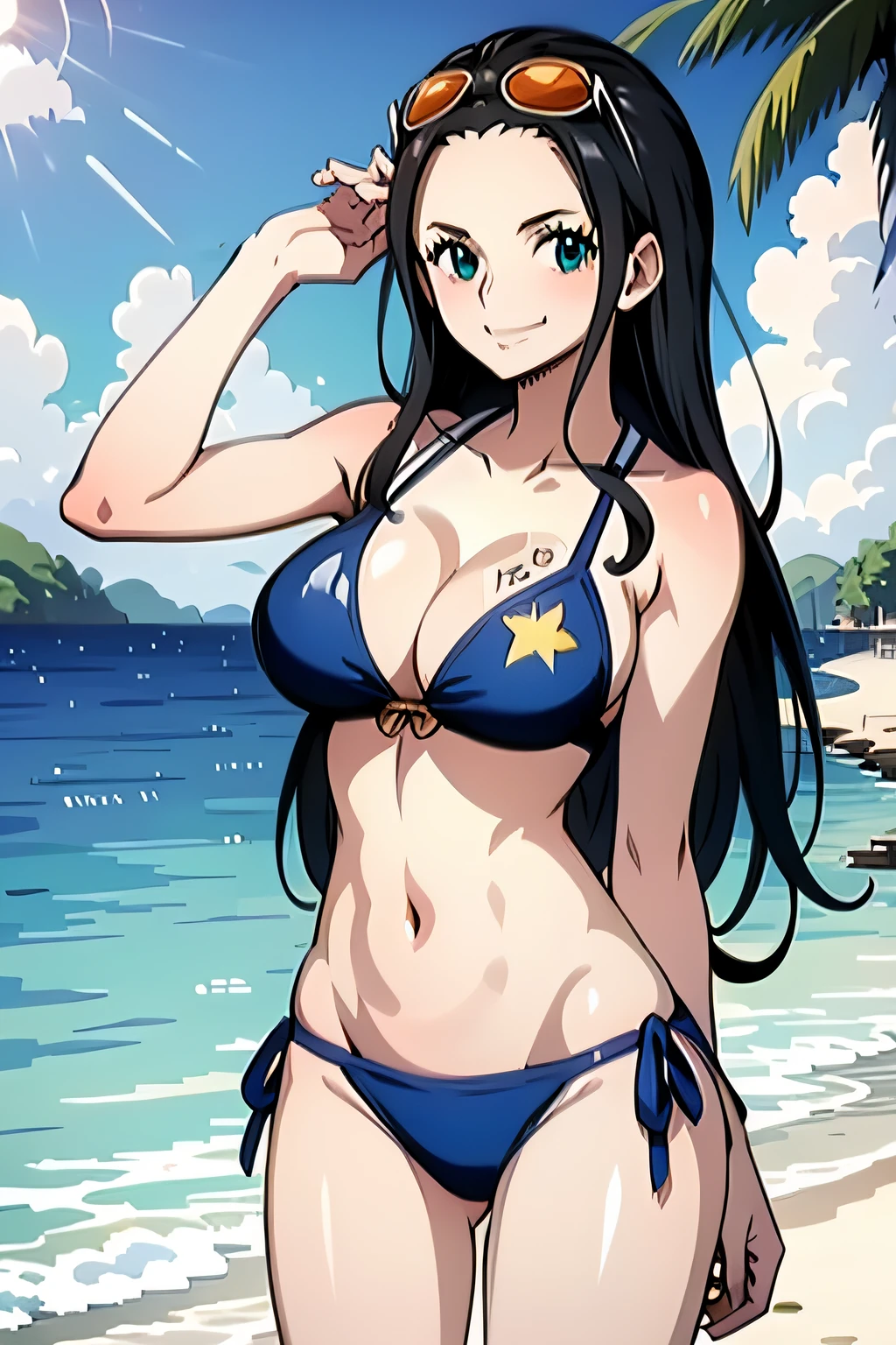 beach , standing , sun light , waves , swim suit , smile , nico robin ,