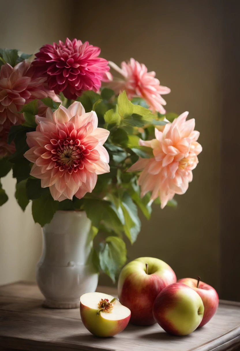 On the table was a vase，There are apples inside, Realistic paintings by Alison Geisler, shutterstock contest winner, Photorealism, Still life photography, dahlia flower, still life with white vase, Magnificent composition, Still Life Photo Gallery, Still life with flowers, dslr photo of a vase on a table, summer morning light, lpoty，35mm， wide angles