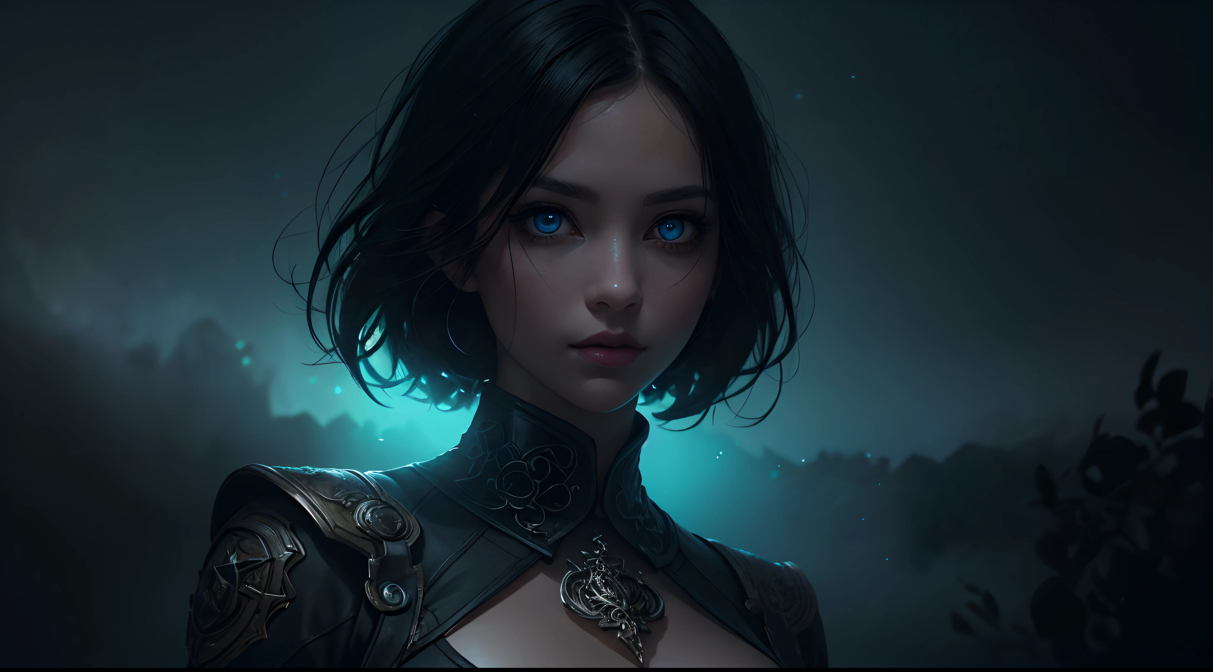 (photorealism, best quality, high details, high-resolution:1.2, masterpiece, 4K), (dark fantasy illustration:1.3), portrait of beautiful woman, ((surrounded by black fog coming form all directions)), woman, messy black hair, , beautiful face, hourglass body, blue eyes, ((blue glowing eyes)), elegant, intricate , hourglass figure, (finely detailed beautiful eyes: 1.2), ((huge breasts)), perfect body, looking at viewer, enchanting gaze, 1girl, full body portrait, cinematic lighting, darkness, dark scene, ((dim light)), mute lighting, super detailed, ultrarealistic, digital photography