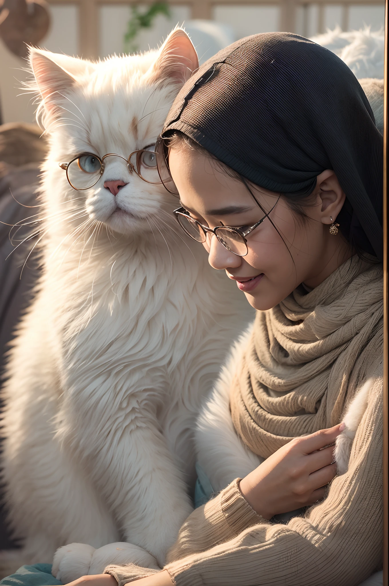 Design a heartwarming scene as the young Malay woman in pastel color hijab interacts with her beloved very big cat pet, very big fluffy white persian cat, very cute Malay woman with beautiful small petite body, wear modest baju kurung, wear glasses, big round glasses, small petite body, beer belly, small waist, slim, wide hips, thick thighs, showcasing the bond between them in a cozy home setting, bright lighting, happy, 8k, high quality, ray lighting,