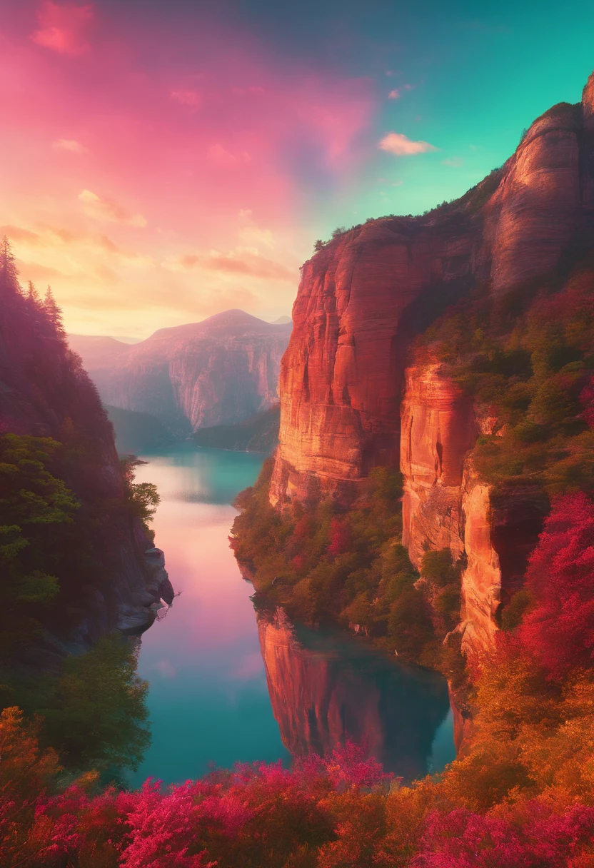 A photography that captures the essence of a magical dream - like world. An epic and legendary cliff that overhangs a beautiful lake, with surreal and vibrant colors illuminating its reflection. The atmosphere is otherworldly, with soft evening light casting ethereal shadows. The image creates a sense of depth and mystery, as if the viewer is being transported to another dimension, creating a beautiful and haunting composition. Shot with a Canon EosIII Zeiss 120mm wide