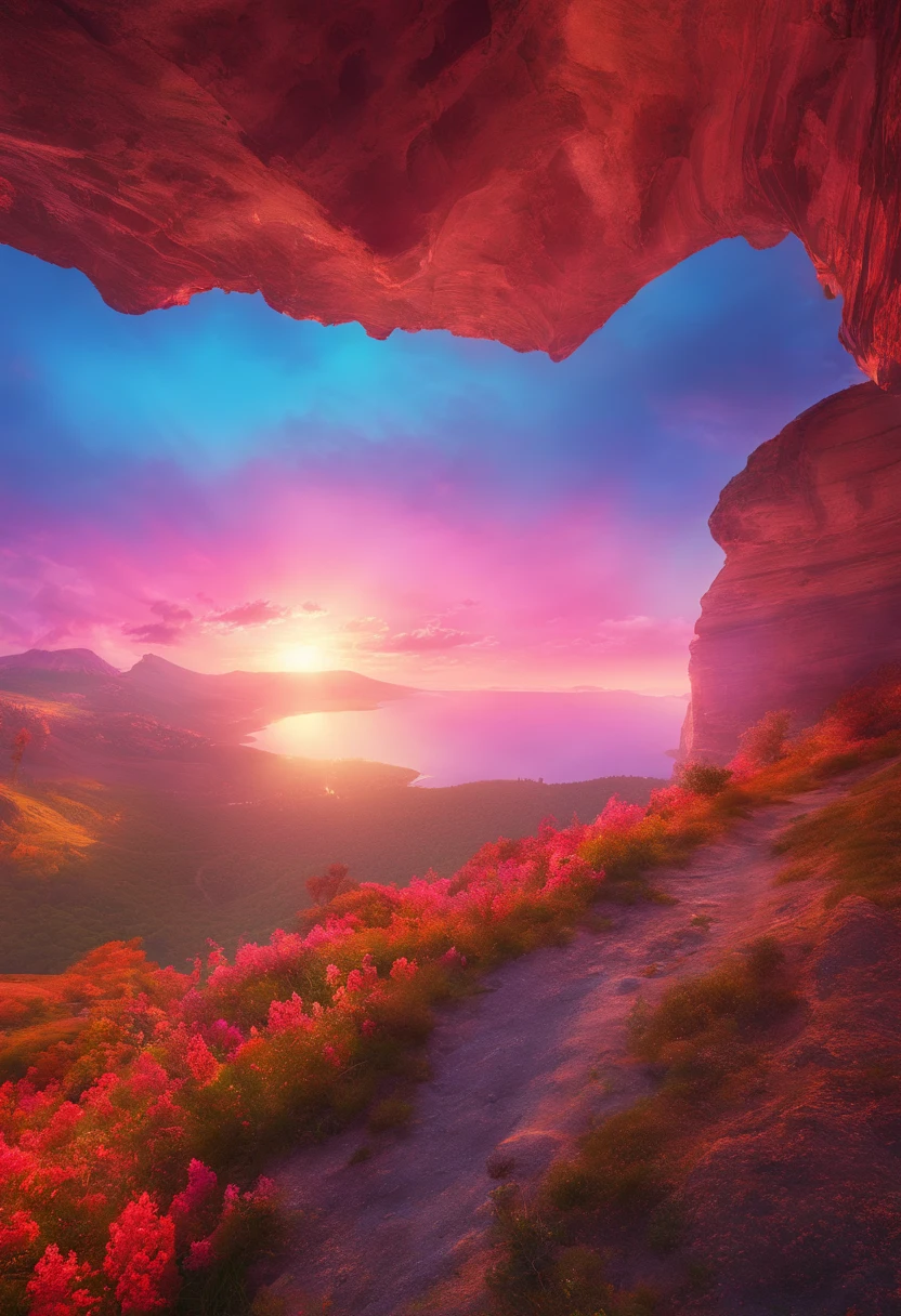 A photography that captures the essence of a magical dream - like world. An epic and legendary cliff that overhangs a beautiful lake, with surreal and vibrant colors illuminating its reflection. The atmosphere is otherworldly, with soft evening light casting ethereal shadows. The image creates a sense of depth and mystery, as if the viewer is being transported to another dimension, creating a beautiful and haunting composition. Shot with a Canon EosIII Zeiss 120mm wide