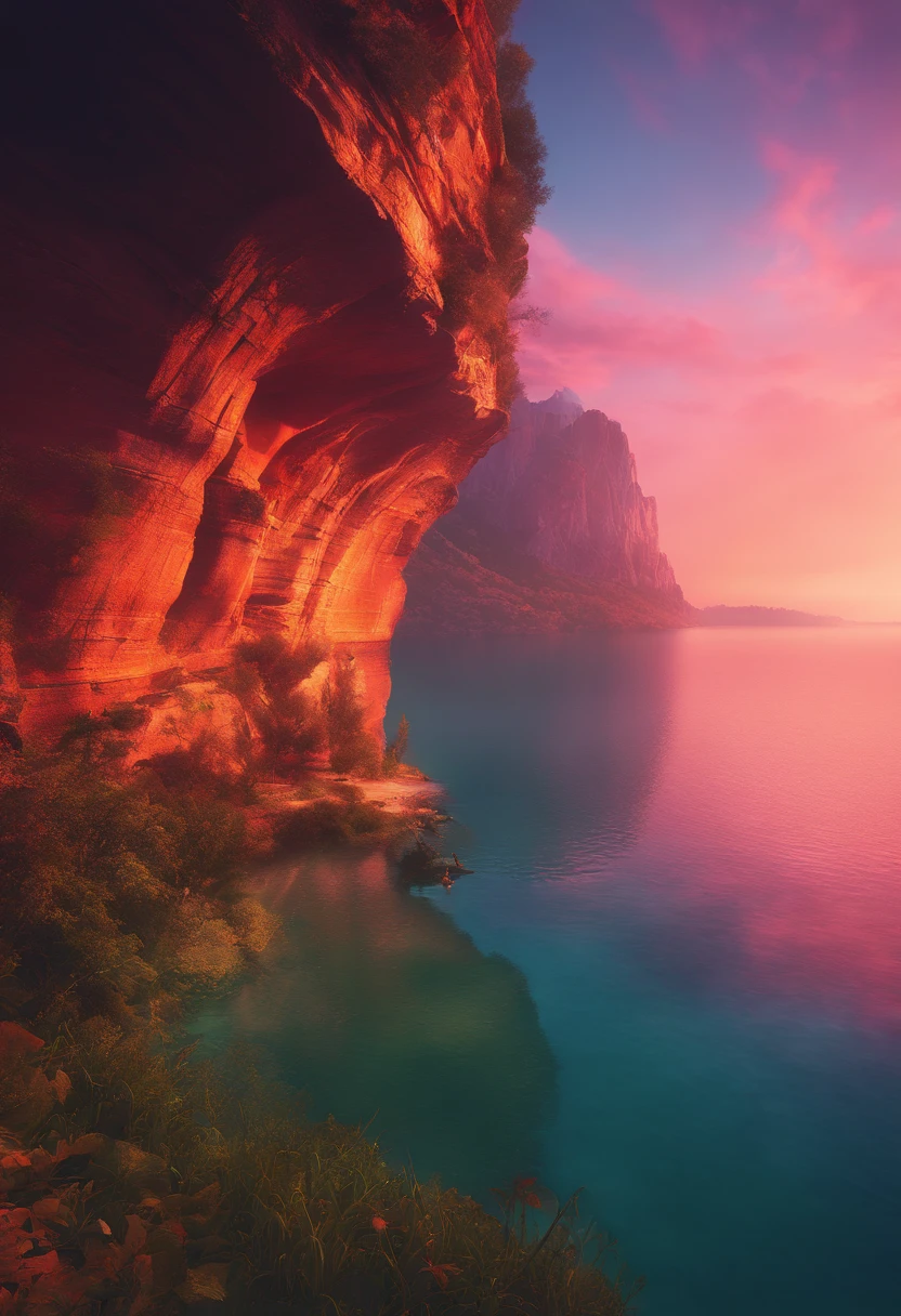 A photography that captures the essence of a magical dream - like world. An epic and legendary cliff that overhangs a beautiful lake, with surreal and vibrant colors illuminating its reflection. The atmosphere is otherworldly, with soft evening light casting ethereal shadows. The image creates a sense of depth and mystery, as if the viewer is being transported to another dimension, creating a beautiful and haunting composition. Shot with a Canon EosIII Zeiss 120mm wide