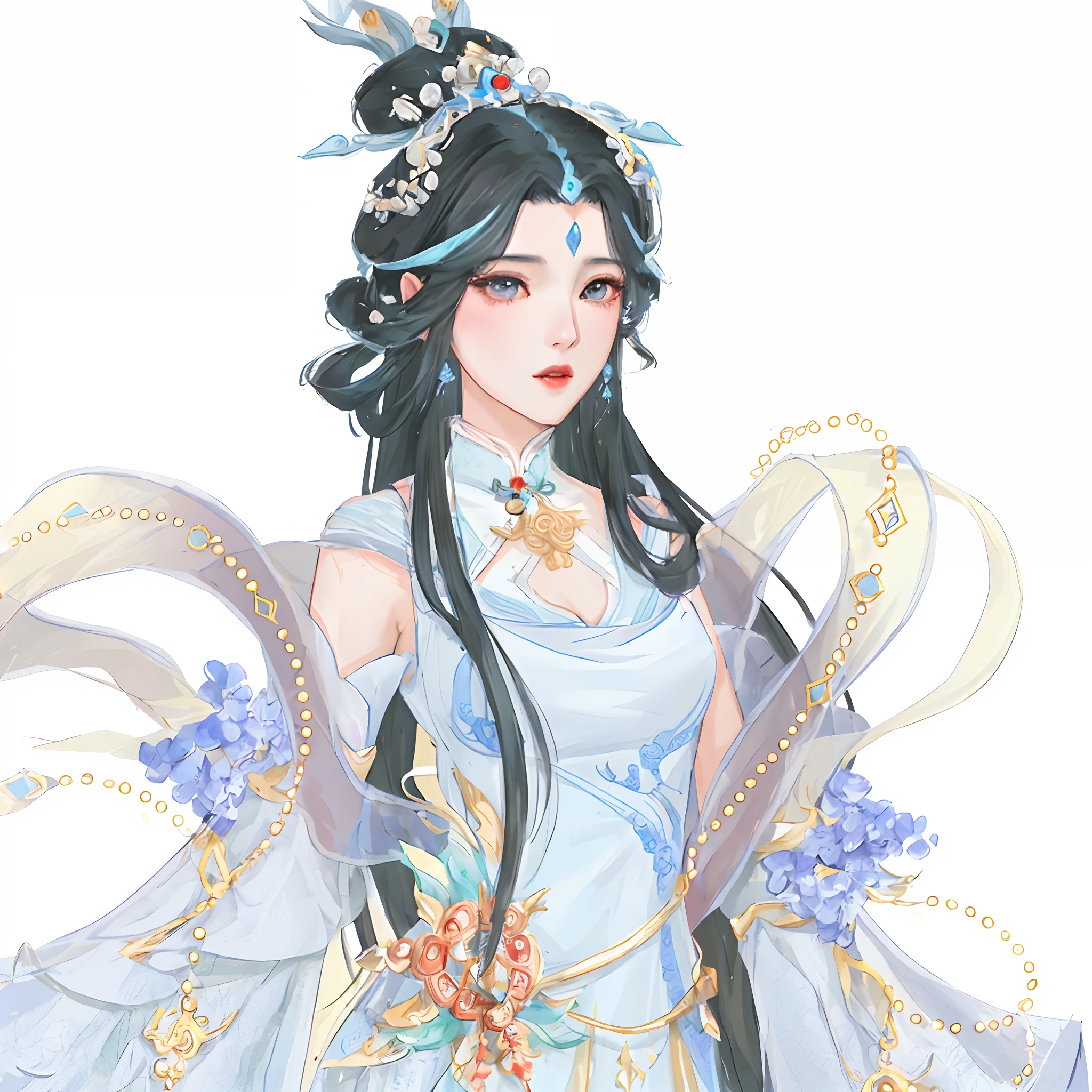Anime girl with long black hair in white dress and blue dress, a beautiful fantasy empress, ((a beautiful fantasy empress)), full-body xianxia, Inspired by Lan Ying, heise jinyao, Palace , A girl in Hanfu, queen of the sea mu yanling, beautiful and elegant elf queen, inspired by Li Mei-shu, Yun Ling
