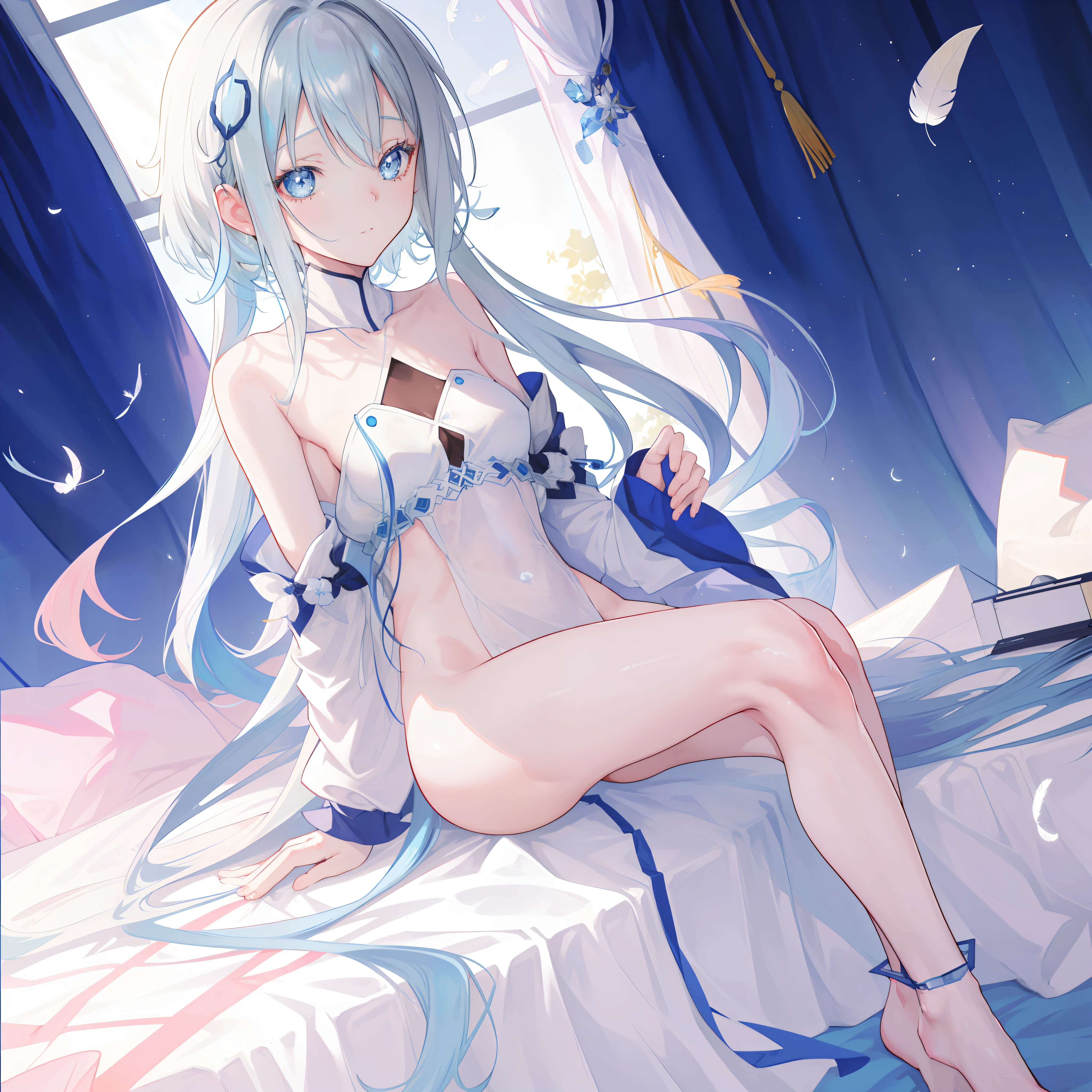 An anime girl, (((sitting on a bed)), cinematic light, slim body with curves, skin is perfectly white, soft, (medium breasts), smooth, ((no nsfw)), Extremely delicate and beautiful CG illustration, best quality, high resolution, dynamic angle, full-length lens, (1 girl), floating, soft light, high-key lighting), glowing light, blue halo, feathers fluttering background, blue crystal