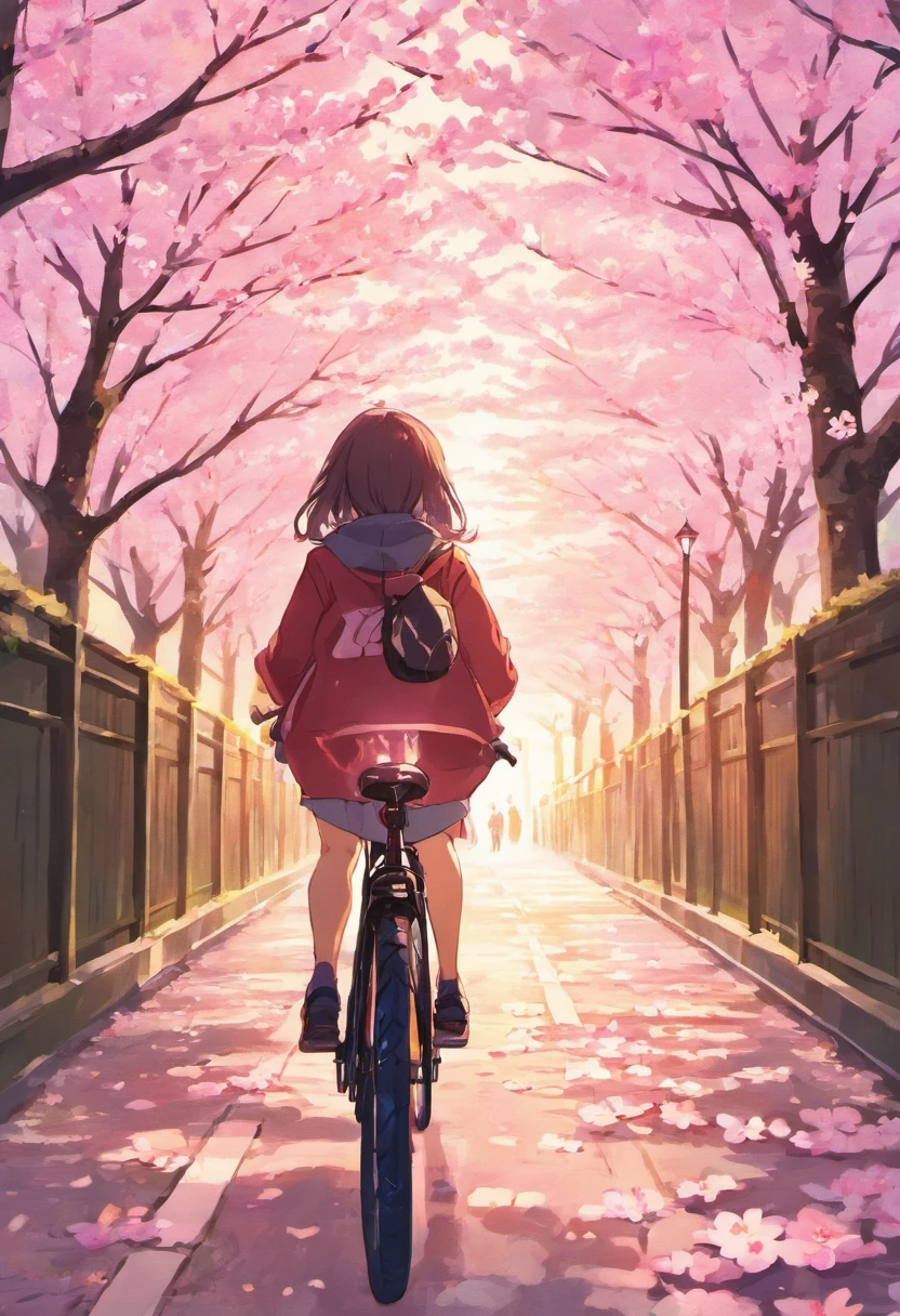 A sunset bike ride along a cherry blossom-lined path