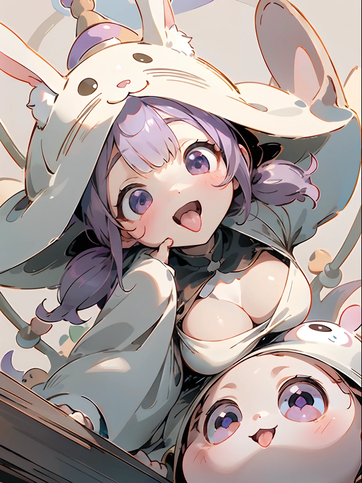 best qualtiy、1girl in、、Smile with open mouth、Cute Wizard、Round cute eyes、big eye、Sauce order、Beautiful purple eyes、Rabbit ears、Wizard's Clothing、The wizard's big wand、Colossal tits、cleavage of the breast、Wizard Hat、tongue、Concentrate on the tongue、((Mouth wide open、Show the inside of the mouth))、Showing throat、long tongue、Very long tongue、teak、simple background、