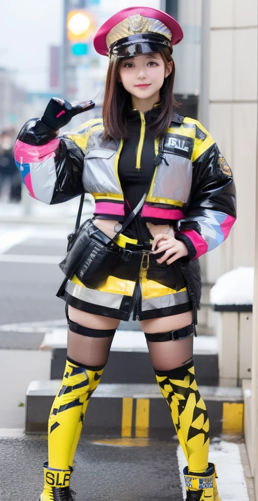 Young Female Police Officer、Good Style、、Shiny Fashion、Idol face、large full breasts、Police officer's long coat、Shiny Mini Skirt、Colorful tights、