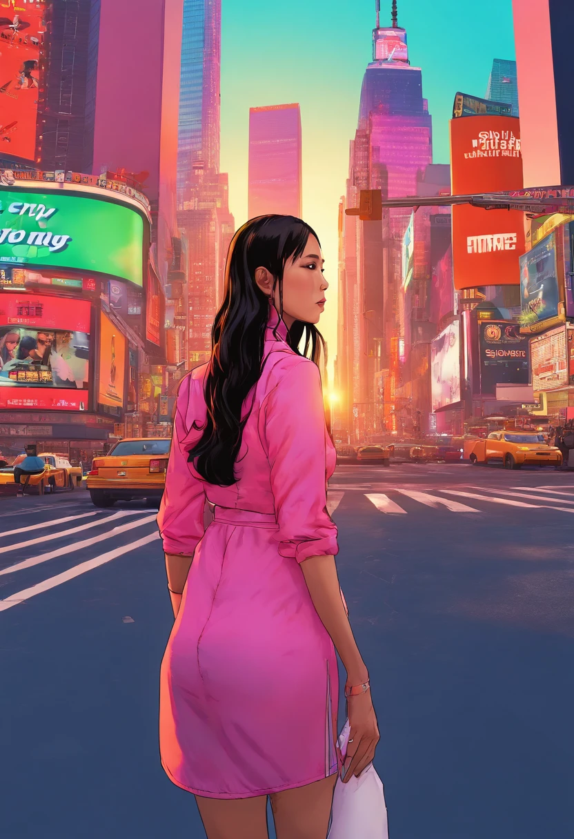 A japansese women long hair ,sunset lighting,walk on time square new york,8k resolution,high resolution,(masterpiece,1,4)