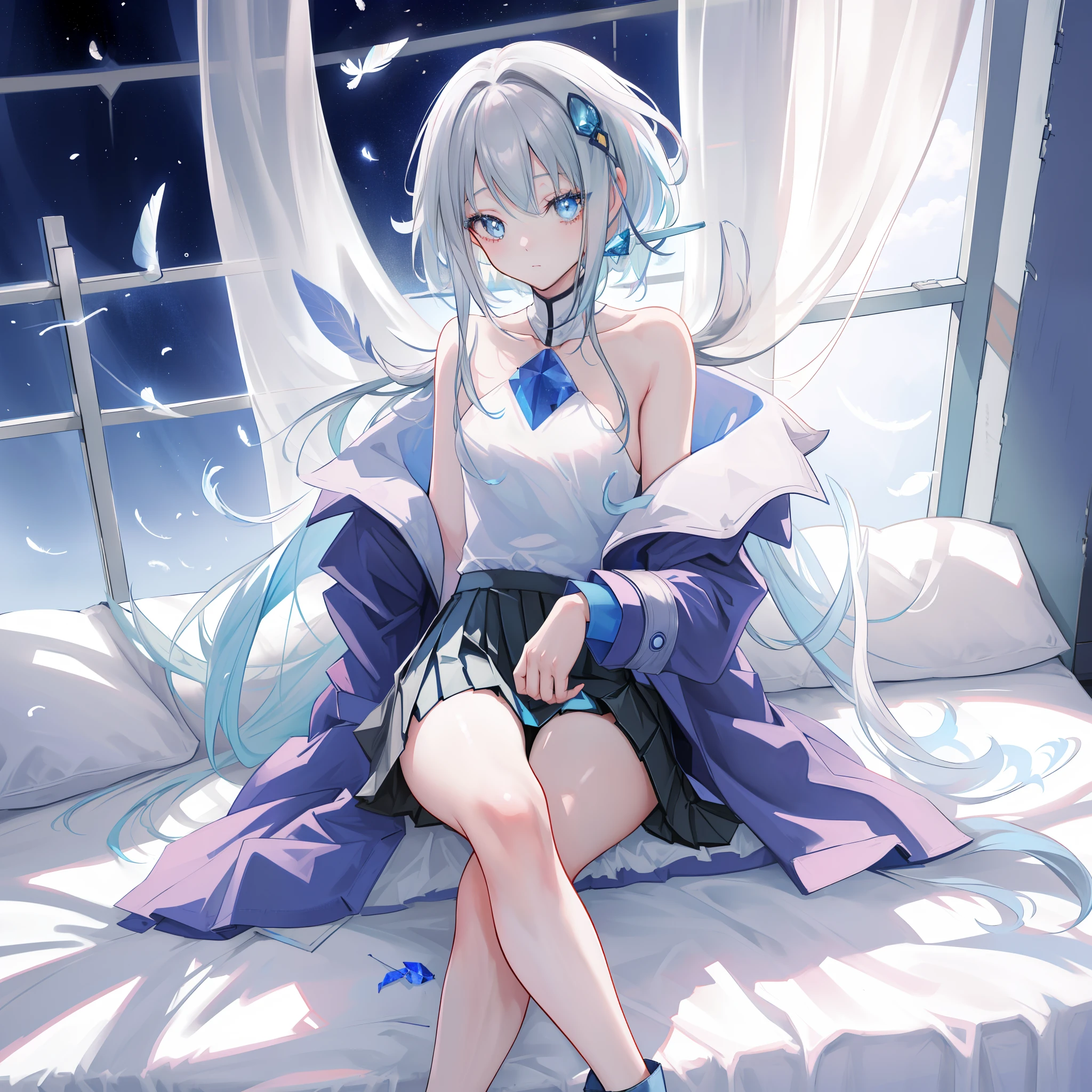 An anime teen girl, (((sitting on a bed)), cinematic light, slim body with curves, skin is perfectly white, soft, (medium breasts), smooth, ((no nsfw)), Extremely delicate and beautiful CG illustration, best quality, high resolution, dynamic angle, full-length lens, (1 girl), floating, soft light, high-key lighting), glowing light, blue halo, feathers fluttering background, blue crystal, (((wearing a coat and a skirt)))