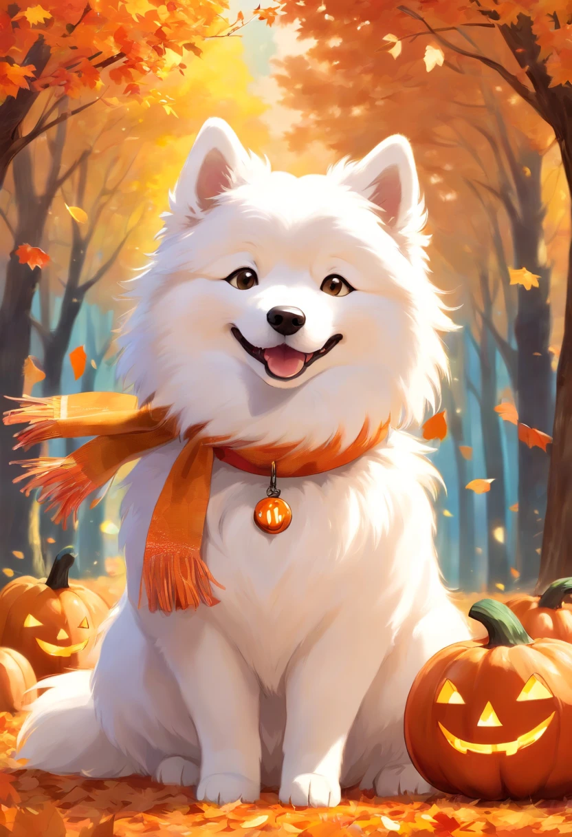 (Best quality,Realistic:1.37),Samoyed dog in Halloween costume,Detailed fur,Happy expression,Vivid colors,Studio lighting,playful pose,Autumn background,Soft lighting,Bokeh,Portrait style,cute cute