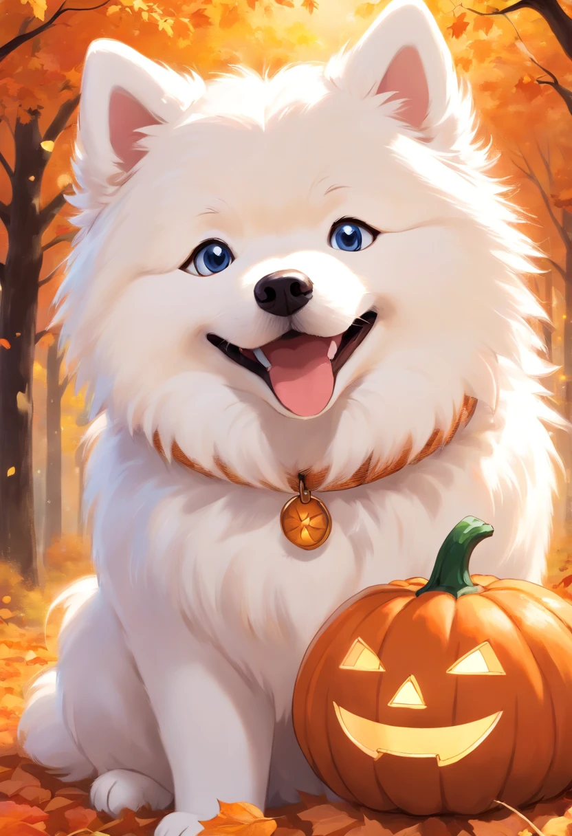 (Best quality,Realistic:1.37),Samoyed dog in Halloween costume,Detailed fur,Happy expression,Vivid colors,Studio lighting,playful pose,Autumn background,Soft lighting,Bokeh,Portrait style,cute cute