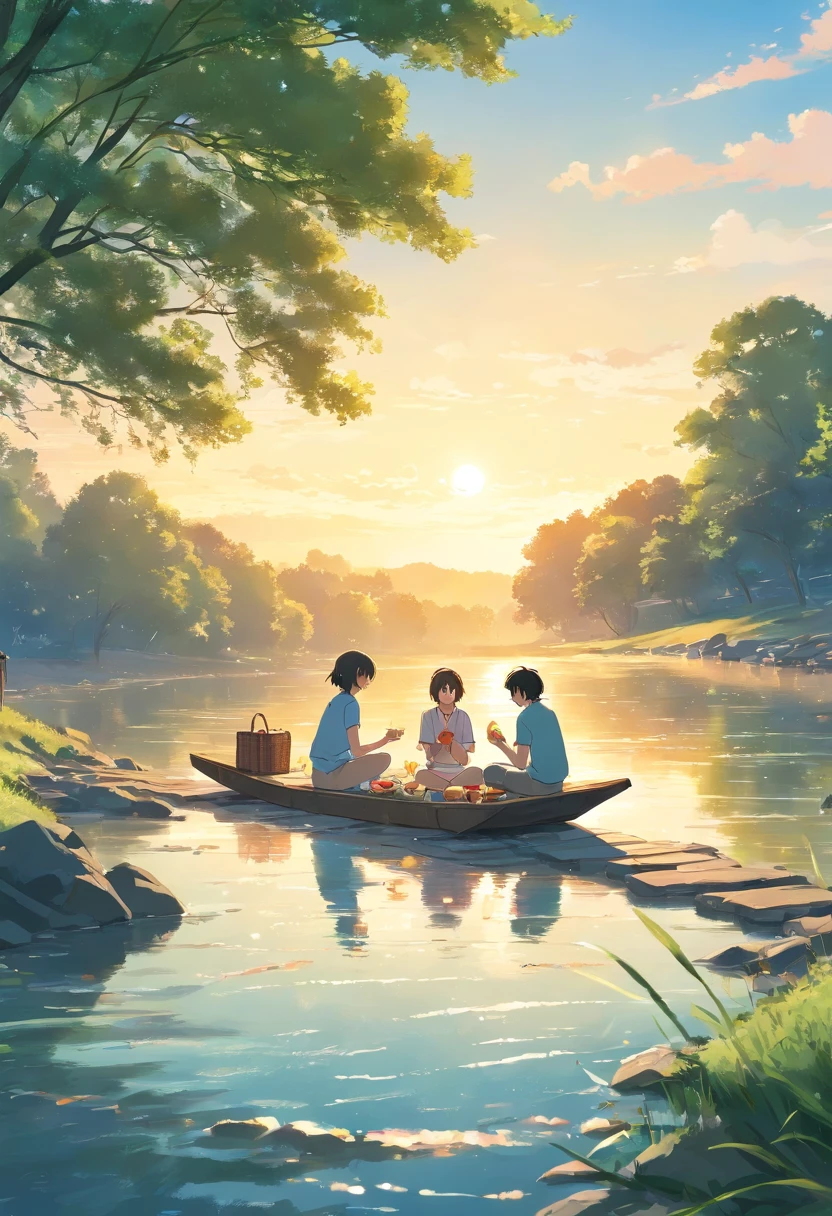 An afternoon picnic by a river, where the characters enjoy food and each other's company