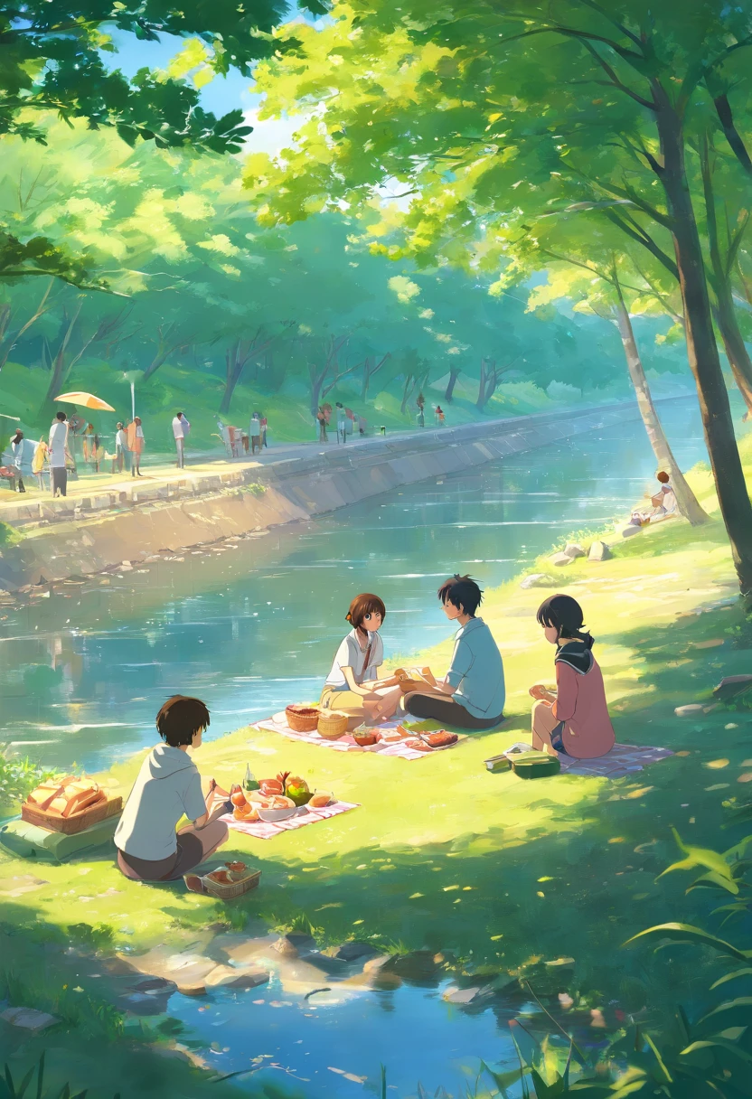 An afternoon picnic by a river, where the characters enjoy food and each other's company