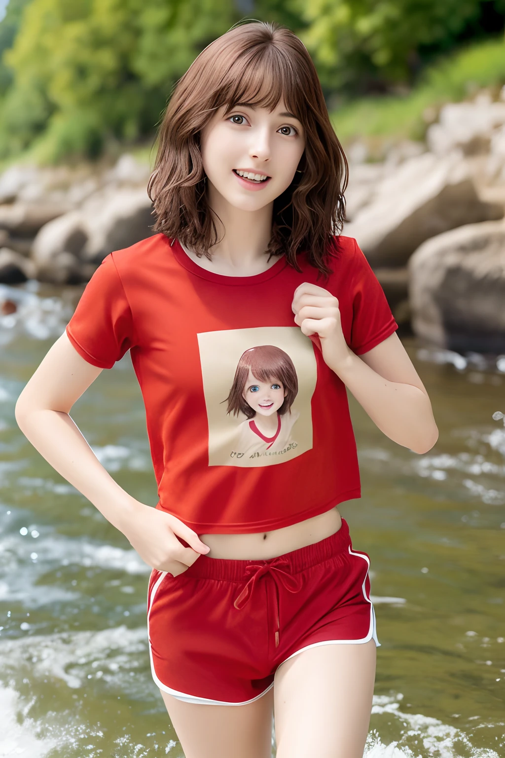 La mejor calidad ,muy flaco , Cabello largo , Caucasian Girl Max Caulfield ,ojos grandes ,Borrosa, , brown hair , feliz , , piel suave, , ojos expresivos ,
, , Camiseta roja de manga larga, Swim shorts , on the river ,