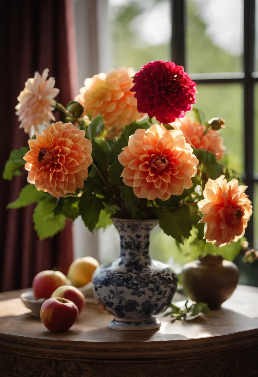 f/2.8, 35mm, UHD, best quality， On the table was a vase，The vase is filled with dahlias，There are apples on the table, Still life photography, Still Life Photo Gallery, Still life with flowers, dslr photo of a vase on a table, summer morning light, lpoty, author：Alison Geisler, rendered in corona, ICIN《Ceramic art》magazine photoshoot