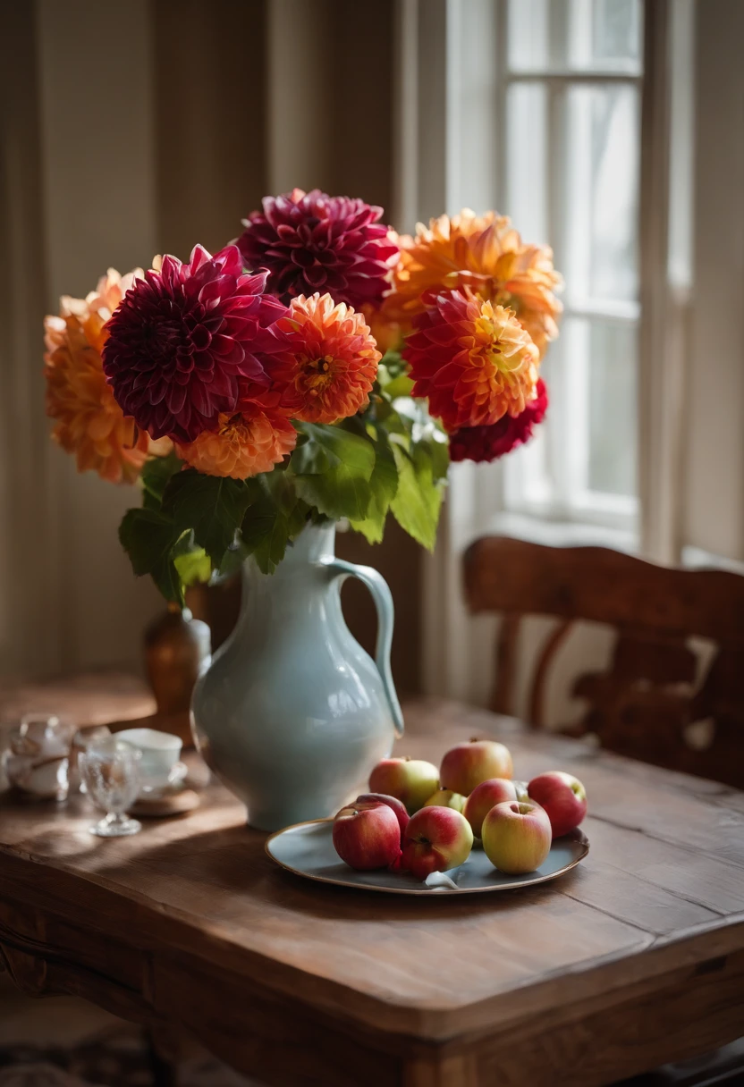 f/2.8, 35mm, UHD, best quality, On the table was a vase,The vase is filled with dahlias,There are apples on the table, Still life photography, Still Life Photo Gallery, Still life with flowers, dslr photo of a vase on a table, summer morning light, lpoty, author:Alison Geisler, rendered in corona, ICIN《Ceramic art》magazine photoshoot