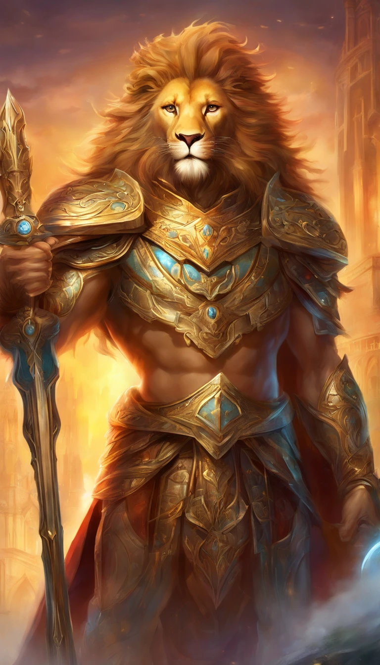 (anthropomorphic lion,paladin of light),(best quality,ultra-detailed,realistic),(3D rendering,portrait),(golden fur,piercing eyes,gentle expression,flowing mane),(wearing intricate armor,emitting radiant light),(standing tall and proud,holding a glowing sword),(majestic surroundings,grand castle in the background),(vivid colors,rich and warm tones),(soft sunlight casting dramatic shadows),(eye-catching details,ornate engravings),(magical atmosphere,hints of mysticism)