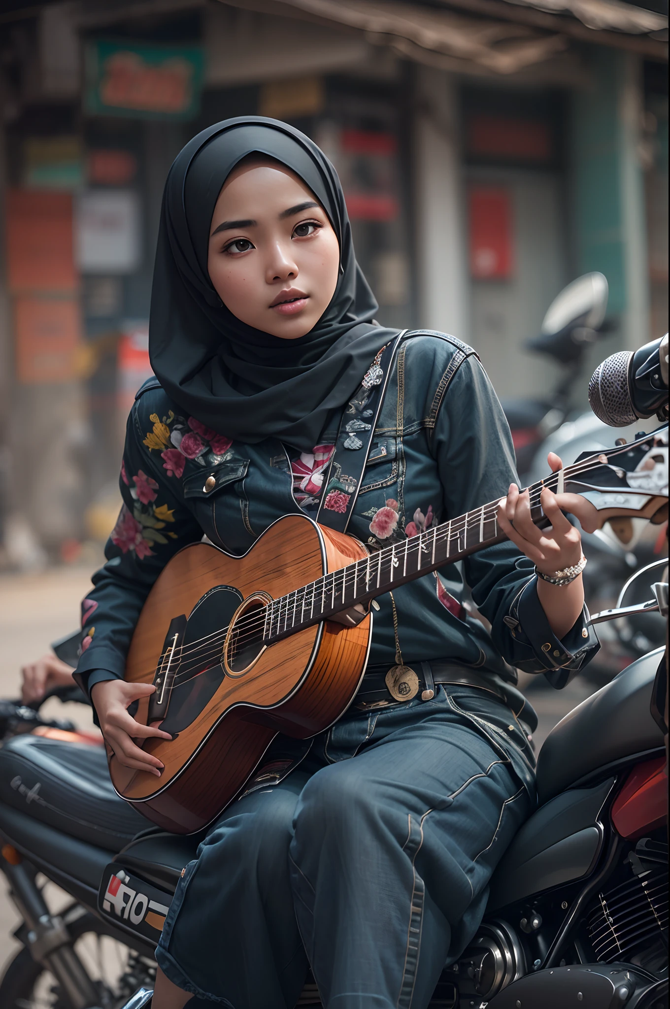 Capture a dynamic portrait of the Malay girl in hijab playing her guitar with fervor, her fingers strumming the strings passionately, while a powerful motorbike stands in the background, symbolizing her rebellious spirit.