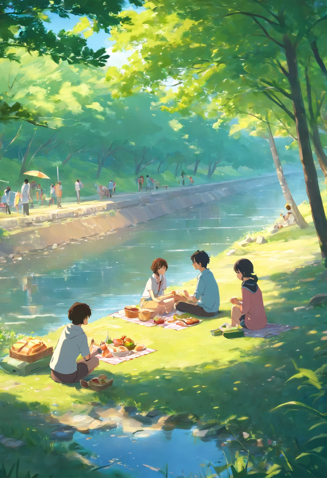 An afternoon picnic by a river, where the characters enjoy food and each other's company