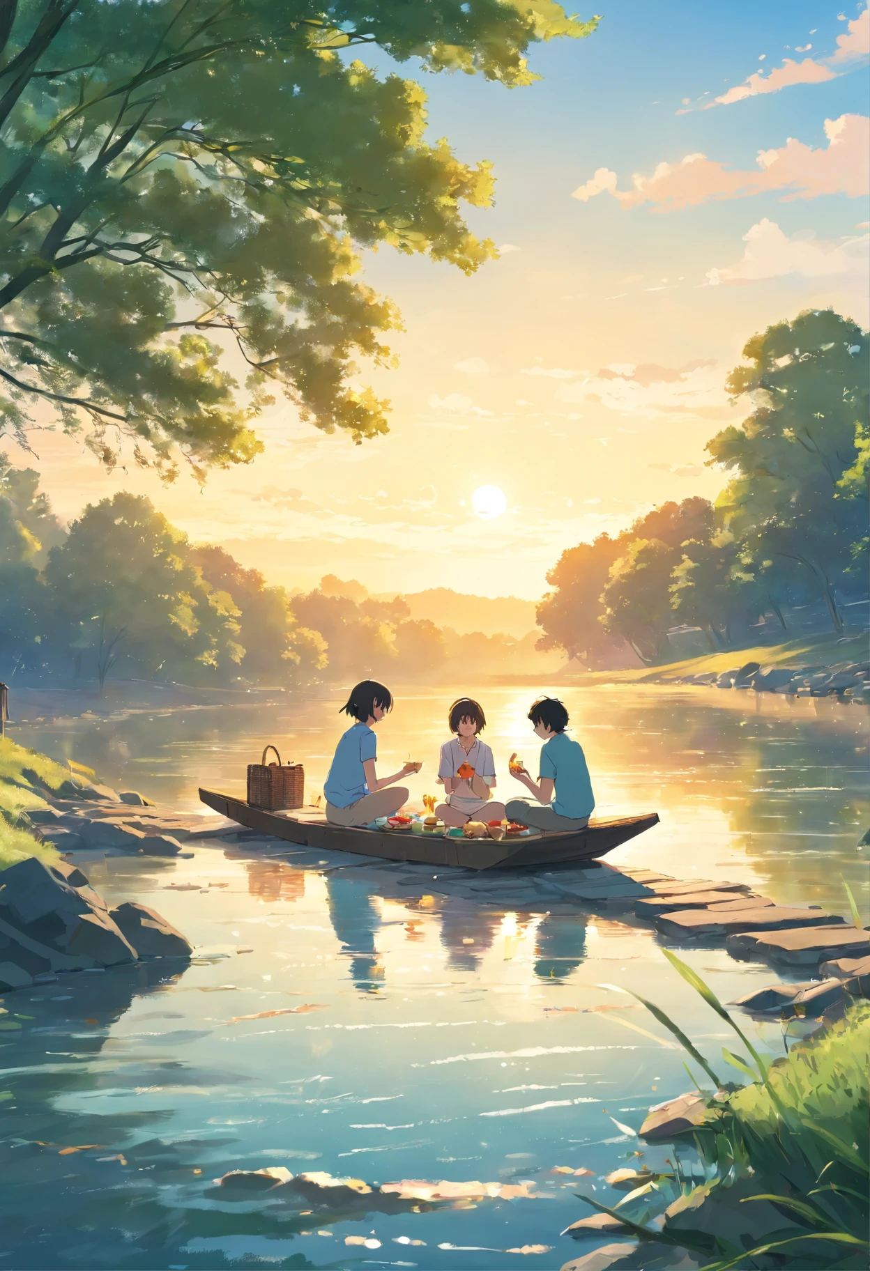An afternoon picnic by a river, where the characters enjoy food and each other's company