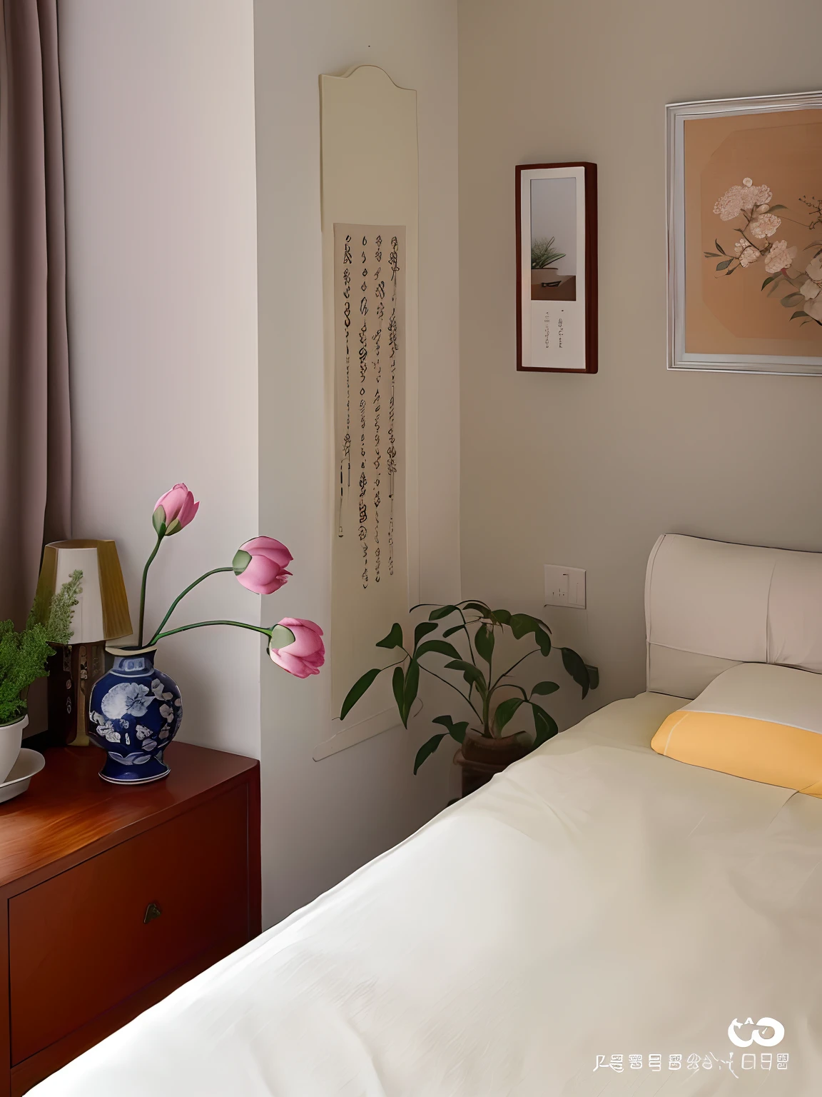 There was a bed with a white quilt and a vase with flowers, with ancient chinese aesthetic, inspired by Emperor Huizong of Song, serene and peaceful style, small and cosy student bedroom, inspired by Cui Bai, inspired by Yun Shouping, inspired by Xie Shichen, cozy and peaceful atmosphere, Bedroom, inspired by Luo Zhichuan