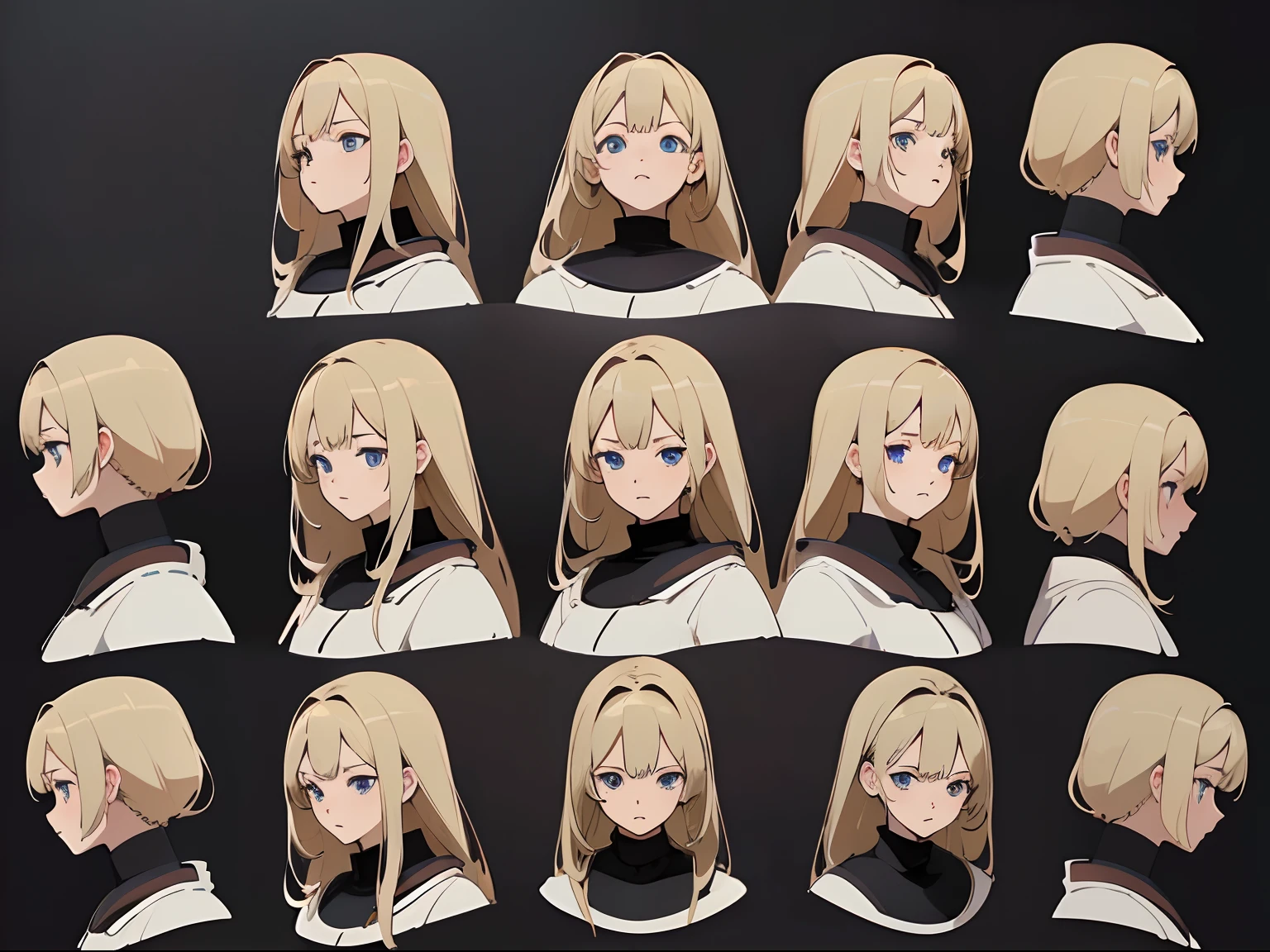 (best quality,4k,highres,masterpiece:1.2),ultra-detailed,realistic:1.37, (((character design reference sheet))), concept art, Anime girl, blonde, blue eyes, Illustration, ((((Black background:1.2))))