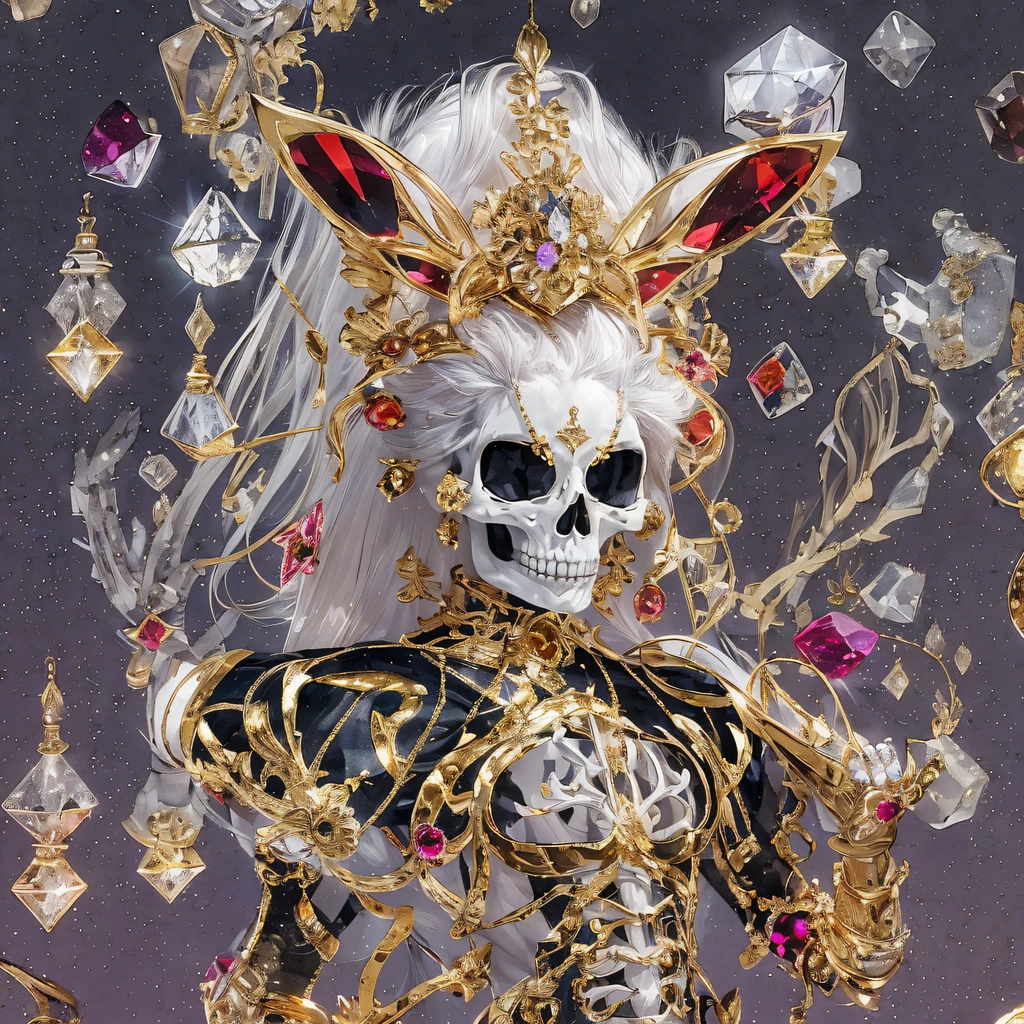 National style crystal skeleton circle,Flying nine-tailed fat skull flame ethereal toad star,Golden-black damask white rabbit fur bra,Fuchsia pink diamonds, Tulle burgundy diamond shin guard,Red crystal skeleton explosion 1:900 miniatures,Front view,Pure transparency,Wear boxing gloves,Ice is permeable to gas,Film light and shadow,Panorama ultra-wide angle,extremely happy,The texture of the real person is delicate,Strong visual impact,Hyper-detailing,Dream crystal skeleton,Refined face,prettyeyes,high saturated,Wear reflective sunglasses with a thick gold thread,crystal-clear,Good sense of perspective,Light and shadow effects,16K smooth,The surface is not well lit,Fluttering black hair crystal skeleton,((Crystal skeleton))