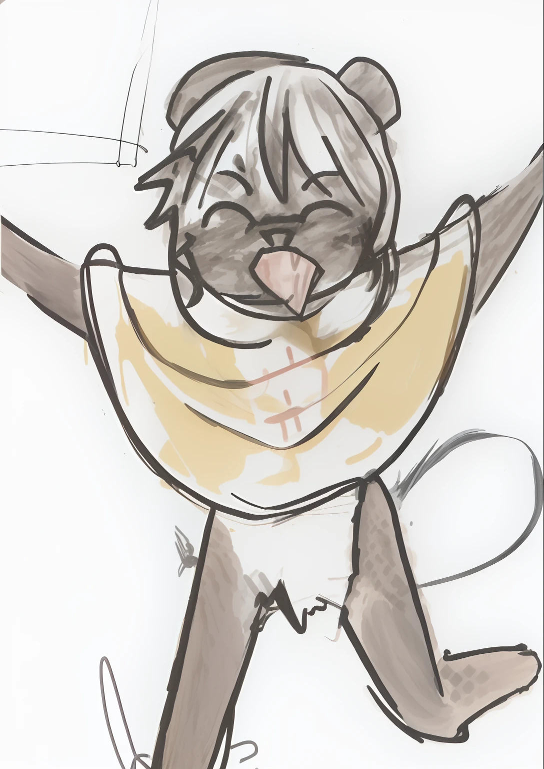 Drawing of a cat with a banana in its mouth, colored sketch anime manga panel, Rough sketch, an ahoge stands up on her head, cellshading!!!, very excited, wip, detailed but rough, sketchy artstyle, colored sketch, [ conceptual art ]!!, very very happy!, heavy gesture style closeup, Pose(Arms up + Happy), scrawl