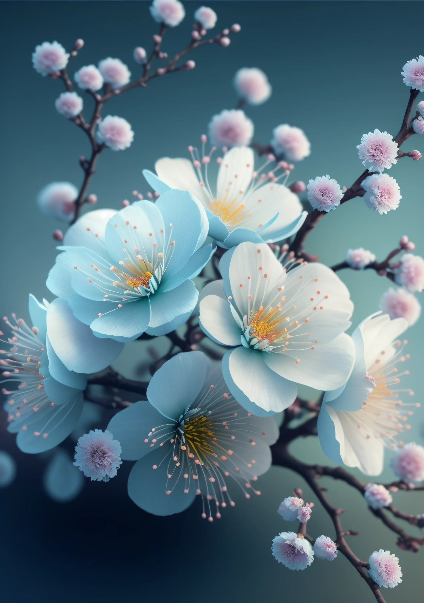 there is a close up of a bunch of flowers on a branch, paul barson, flower blossoms, beautiful digital artwork, beautiful digital art, flowers and blossoms, surreal waiizi flowers, beautiful flowers, blooming flowers, flowers with intricate detail, incredibly beautiful, beautiful art, beautiful composition 3 - d 4 k, gorgeous digital art, sakura flowers