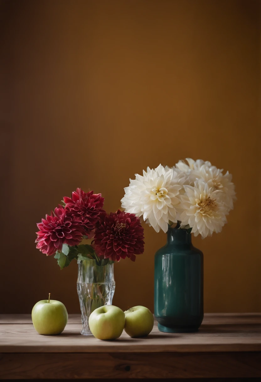 f/2.8, 35mm, UHD, best quality, On the table was a vase,The vase is filled with white dahlias,There are apples on the table, Still life photography, Still Life Photo Gallery, Still life with flowers, dslr photo of a vase on a table, summer morning light, lpoty, author:Alison Geisler, rendered in corona, ICIN《Ceramic art》magazine photoshoot