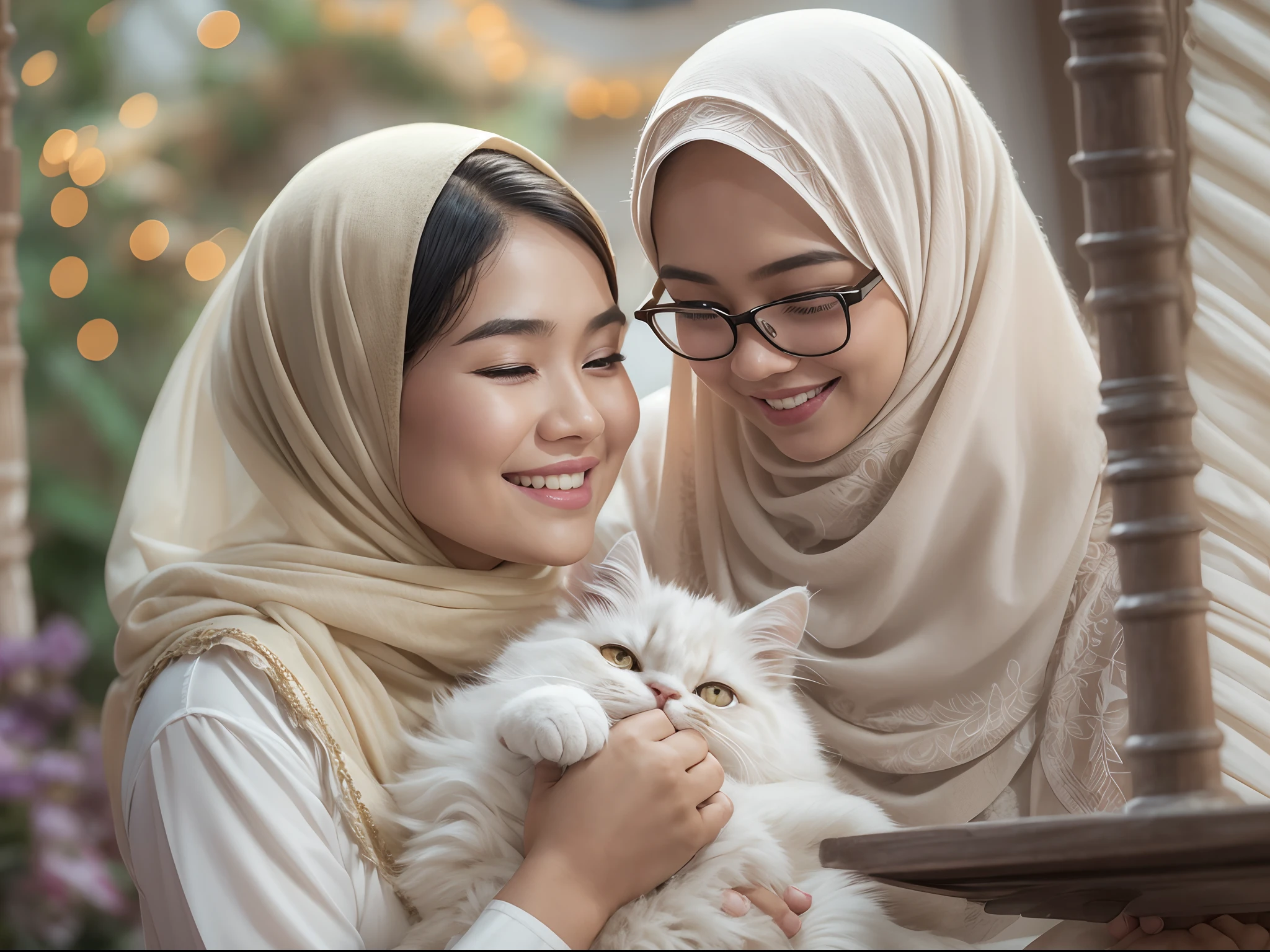 Design a heartwarming scene as the young Malay woman in pastel color hijab interacts with her beloved very big cat pet, very big fluffy white persian cat, very cute Malay woman with beautiful small petite body, wear modest baju kurung, wear glasses, big round glasses, small petite body, beer belly, small waist, slim, wide hips, thick thighs, showcasing the bond between them in a cozy home setting, bright lighting, happy, 8k, high quality, ray lighting,
