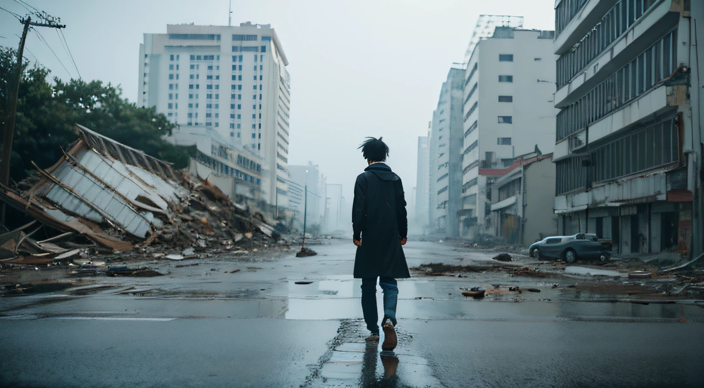 Estilo de Makoto Shinkai，In this apocalyptic world，Xiaojie strolled alone，Walk through crumbling buildings and broken roads。