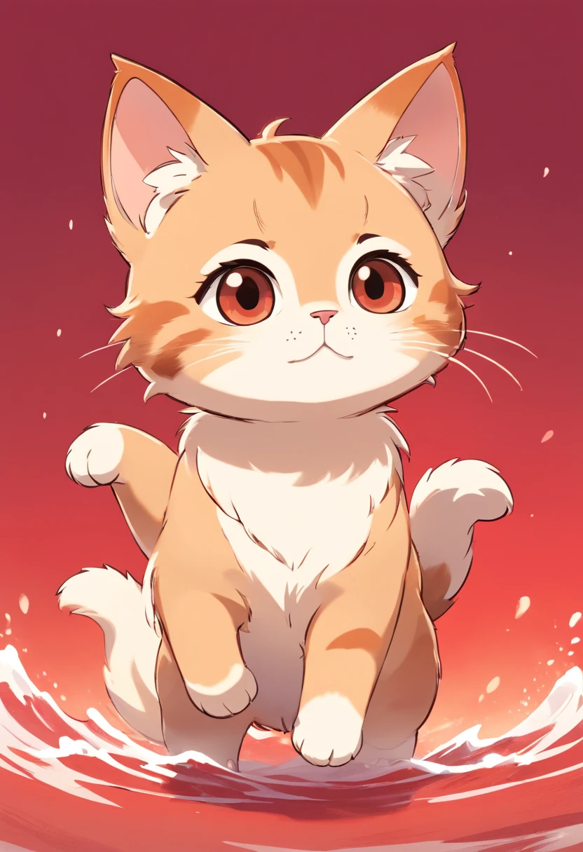 2D chibi character of a light brown European cat,White chest,Strike a wave pose,red gradient background