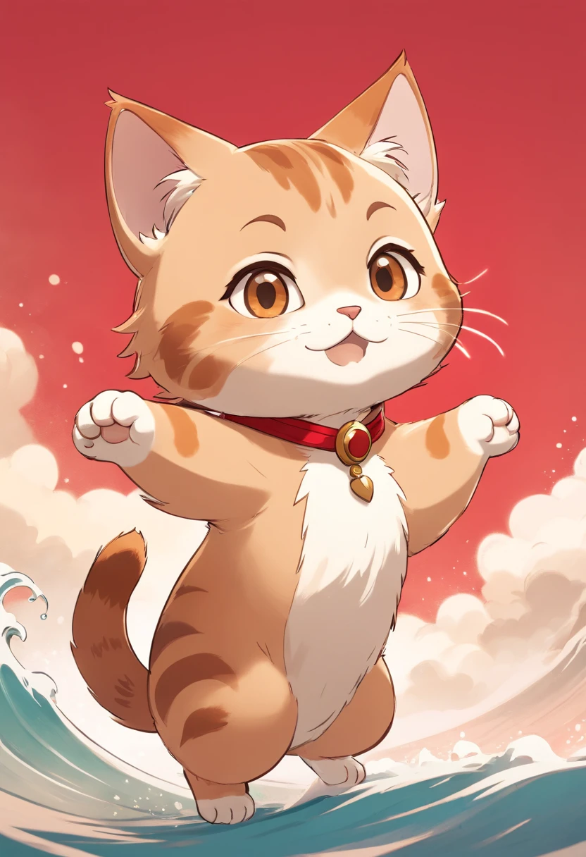 2D chibi character of a light brown European cat,White chest,Strike a wave pose,red gradient background