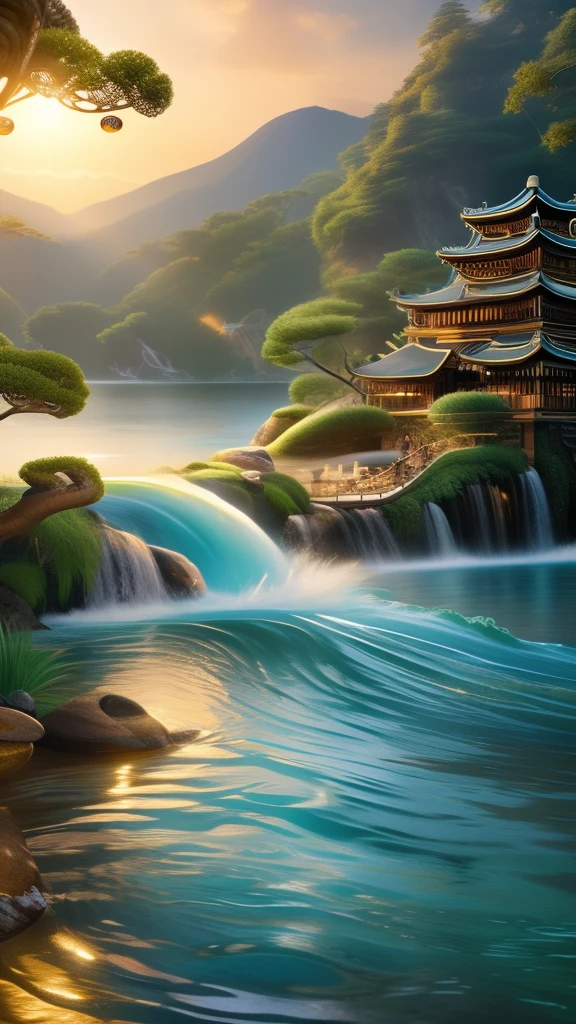 Masterpiece, best quality, (8k very detailed CG unit wallpaper) (best quality), (best illustration), (best shading) ancient chinese water serpent, a golden sea wave, bright aol sunset through the wave, golden water drops flying, (:1. 6), black hair, black eyes, big, indoor swimming pool, class, naked, long hair, two-dimensional, in the water