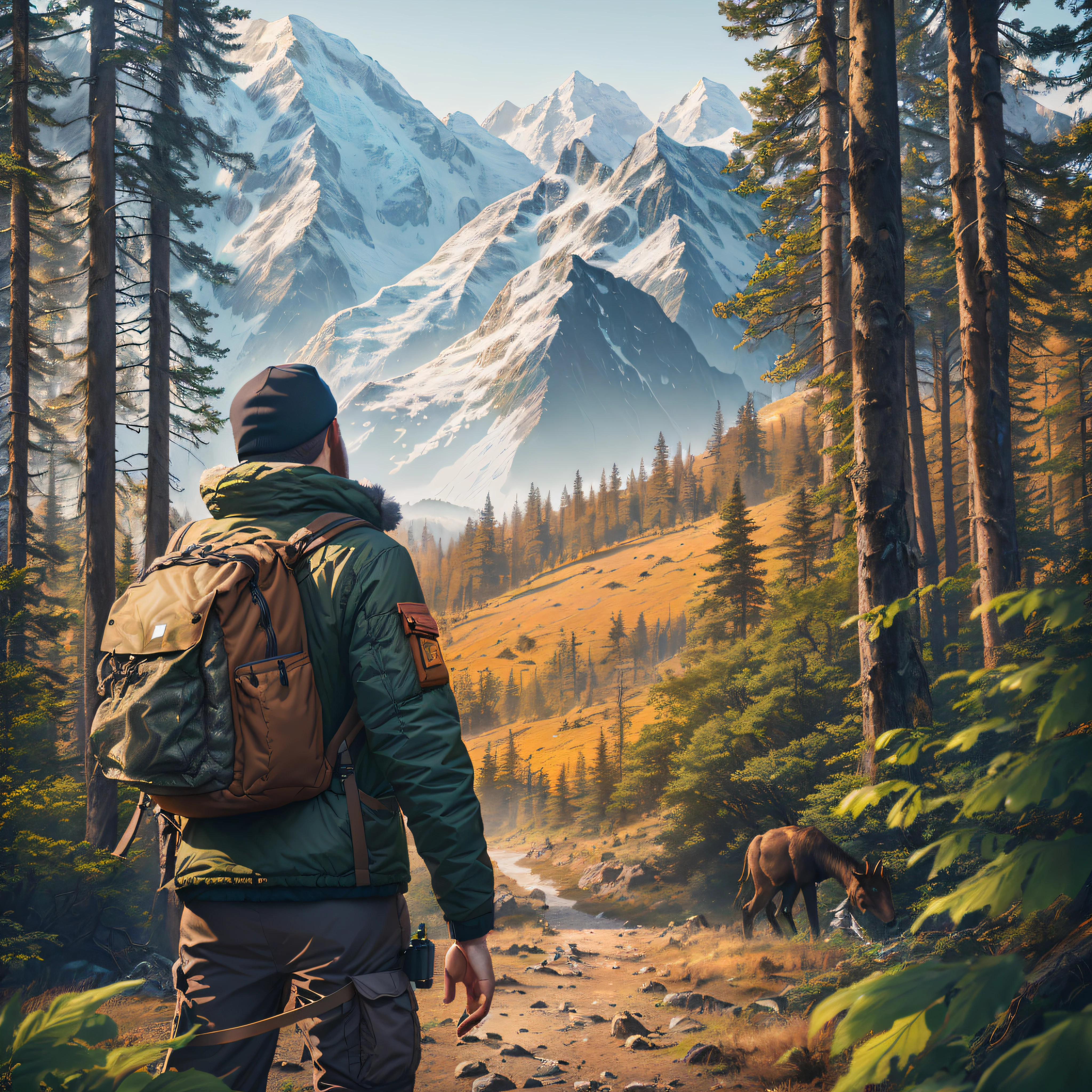 there is a man walking through a forest with a backpack, adventure hyper realistic render, hunter alone in the wilderness, inspired by Michael Komarck, beeple and tim hildebrandt, traveling through the mountains, highly detailed digital painting, looking at the mountains, max rive, 8 k highly detailed art, epic mountains in the background, 8k high quality detailed art