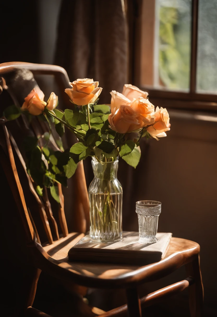 On the chair in front of the window was a vase, summer morning light, cottagecore!!, cottagecore, roses in cinematic light, Afternoon light, afternoon sunlight, at summer afternoon, late afternoon sun, Soft morning light, Early morning light, afternoon lighting, soft light from the window, author：Pamela Aschelson, Rustic setting