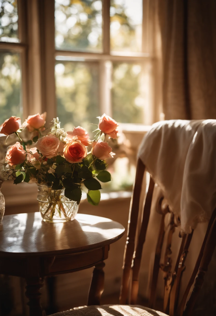 On the chair in front of the window was a vase, summer morning light, cottagecore!!, cottagecore, roses in cinematic light, Afternoon light, afternoon sunlight, at summer afternoon, late afternoon sun, Soft morning light, Early morning light, afternoon lighting, soft light from the window, author:Pamela Aschelson, Rustic setting