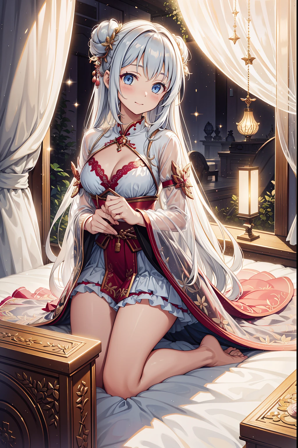 solo person,the night,inside in room,An expectant expression,Cute loli girl,See-through Pajamas,see-through sleeves,Enchanted,Petal edges,Light colors,downy,Divine decoration,Sacred motifs,Lace,Ruffles,extremely detailed CG 8k wallpaper,best qualtiy,tmasterpiece,A high resolution,Delicate and beautiful face,intricate detailed clothes