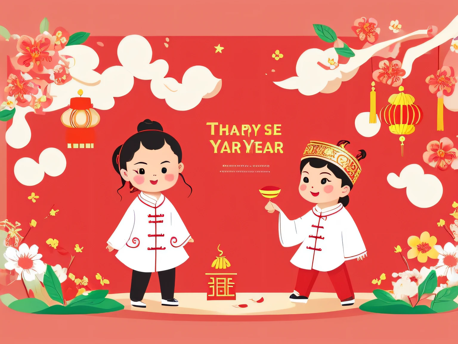 chinese new year wallpaper for instagram, in the style of charming character illustrations, light red and beige, lit kid, referential painting, cranberrycore, raw character, white background