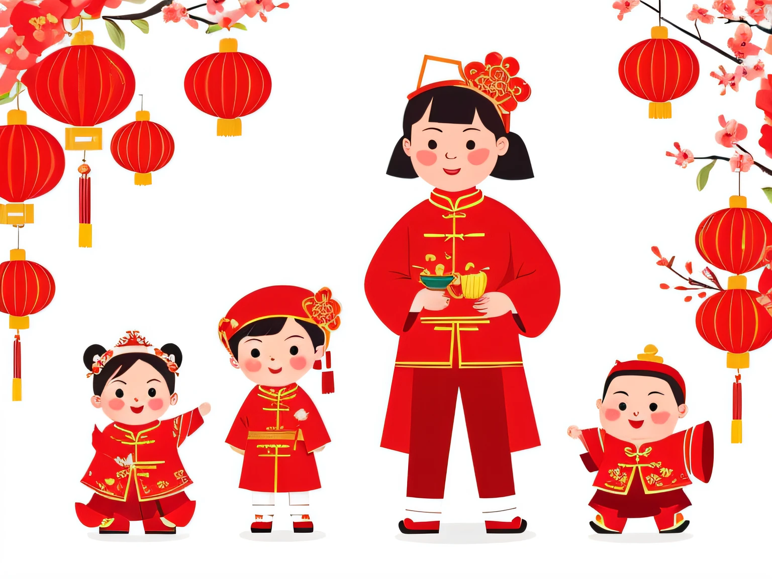 chinese new year wallpaper for instagram, in the style of charming character illustrations, light red and beige, lit kid, referential painting, cranberrycore, raw character, white background