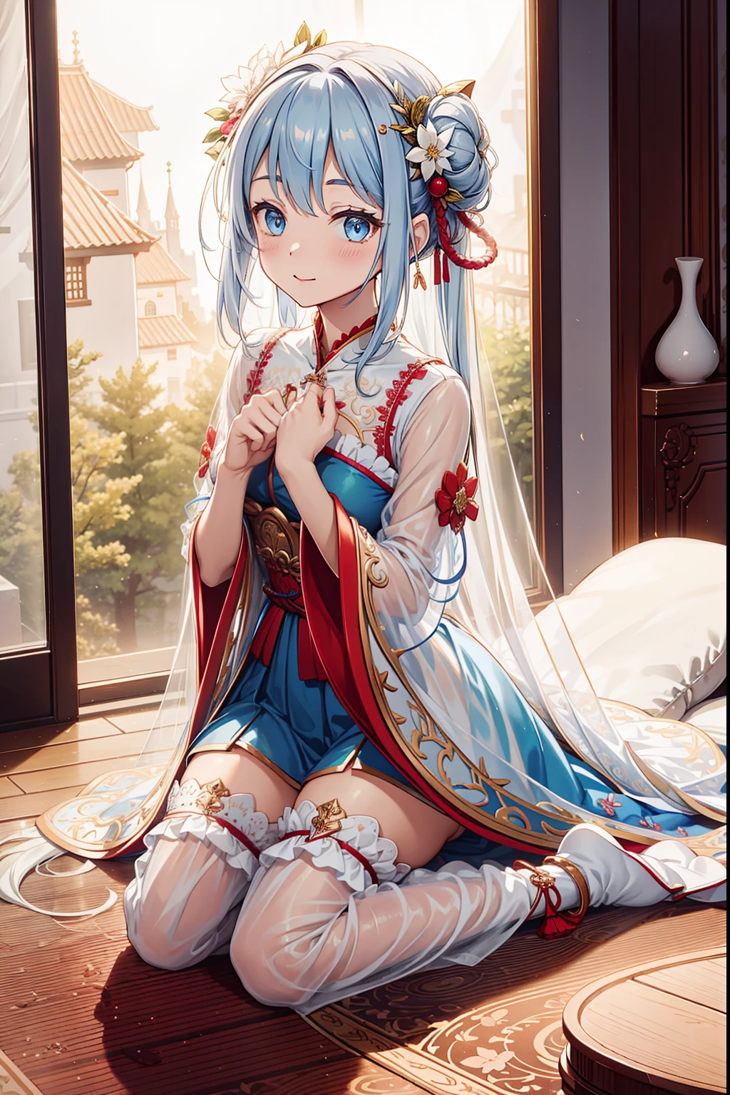 solo person，the night，inside in room，An expectant expression，Cute loli girl，See-through Pajamas，see-through sleeves，Enchanted，Petal edges，Light colors，downy，Divine decoration，Sacred motifs，Lace，Ruffles，extremely detailed CG  8k wallpaper，best qualtiy，tmasterpiece，A high resolution，Delicate and beautiful face，intricate detailed clothes
