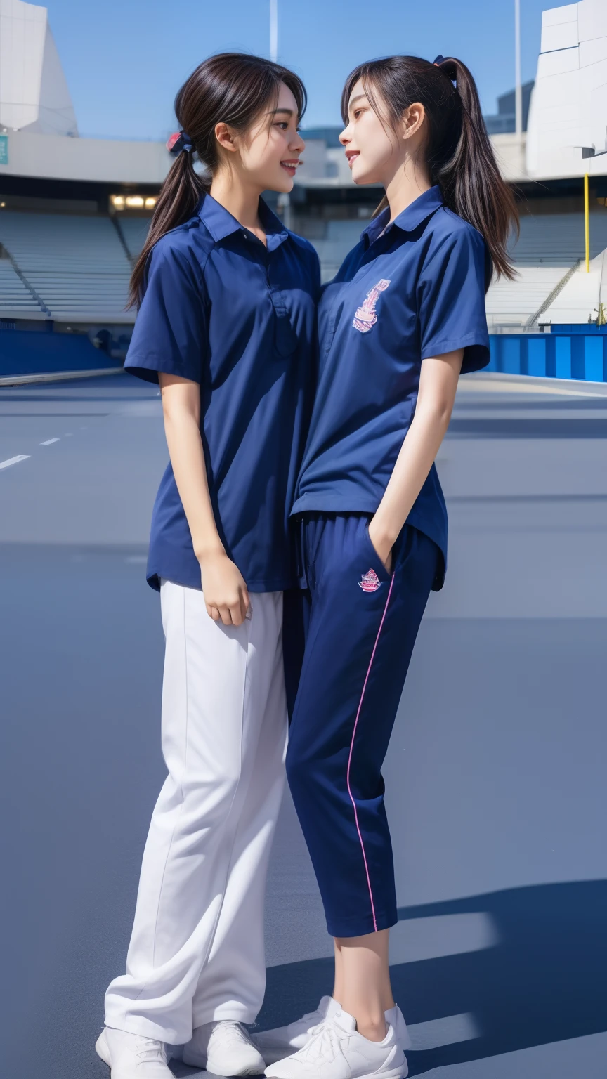 (bestquality,10,10,highres,masterpiece:1.2),ultra-detail,(Realistic,photorealistic portrait,photo-realistic:1.37),1 Cute girl in the football field,oily shiny skin,bara,light smile,BDclothes,((blue shirt:1.3)),short sleeves,shirt, trousers.,(navy_long_Pants Track:1.1), ((Stadium Background:1.3)),dynamic angle,excited,face focus,Dynamic Poses,from behide,Ass Focus,masterpiece, bestquality, ultra realistic, hyper-detail, 8k resolution, RAW photo, crisp focus, ((Navy blue shirt:1.1)), short sleeves, Long Path, Perfect body, 2 mature women, 18yo, cinematic light,Blue sweatpants,Gymware,Correct anatomy,Complete body, Correct body, sharp face, Anatomically correct body, full entire body, Realistic gestures, long-haired, Realistic poses,Wear long shorts......,Long leg span,Shapely,Sculpting Girl, 2 girls kissing each other, Realistic kiss, Slender Figure, mannequin mannequins, Shapely, Beautiful body