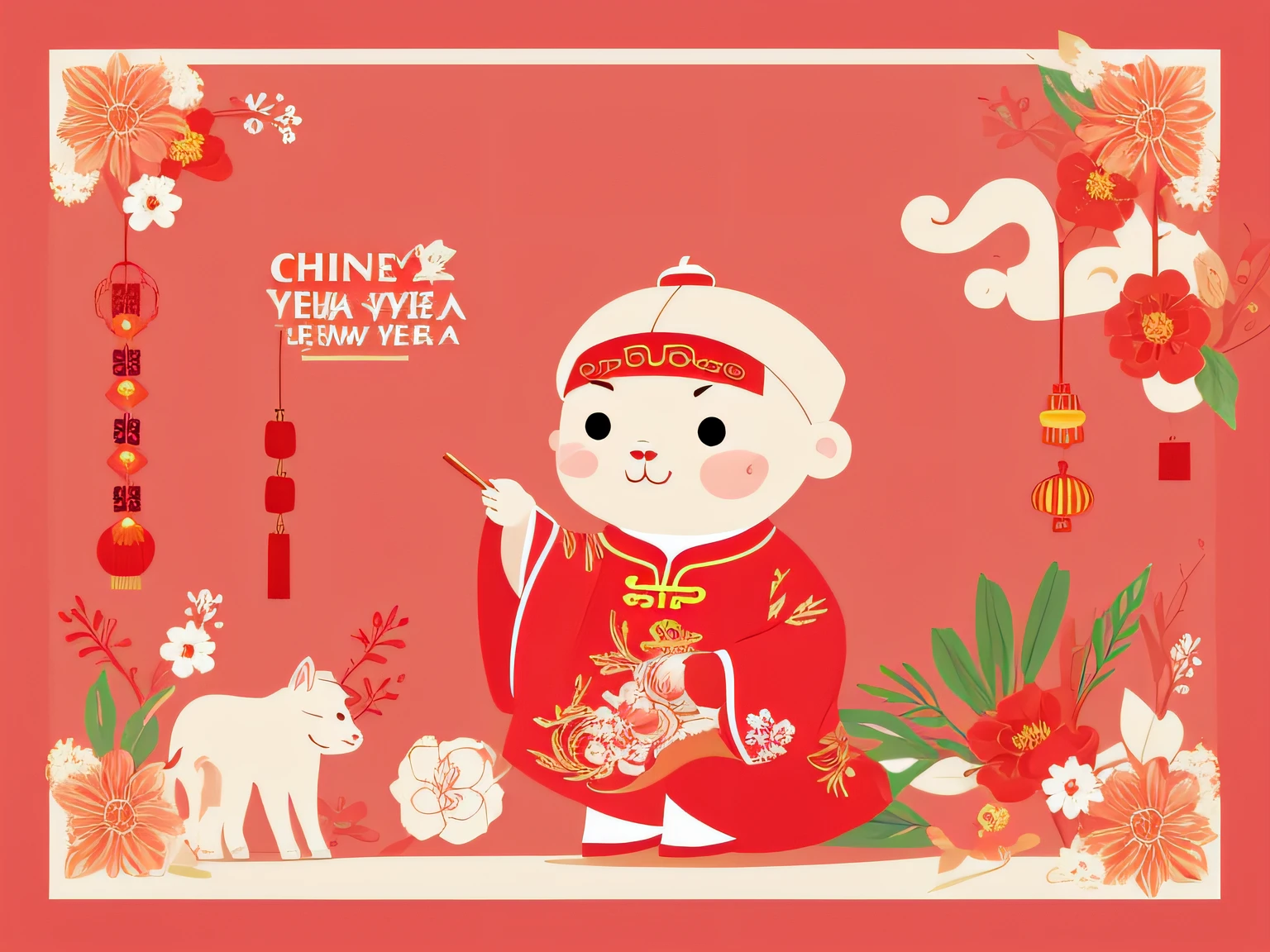 chinese new year wallpaper for instagram, in the style of charming character illustrations, light red and beige, lit kid, referential painting, cranberrycore, raw character, white background