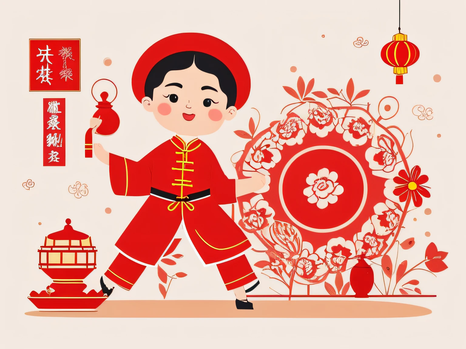 chinese new year wallpaper for instagram, in the style of charming character illustrations, light red and beige, lit kid, referential painting, cranberrycore, raw character, white background