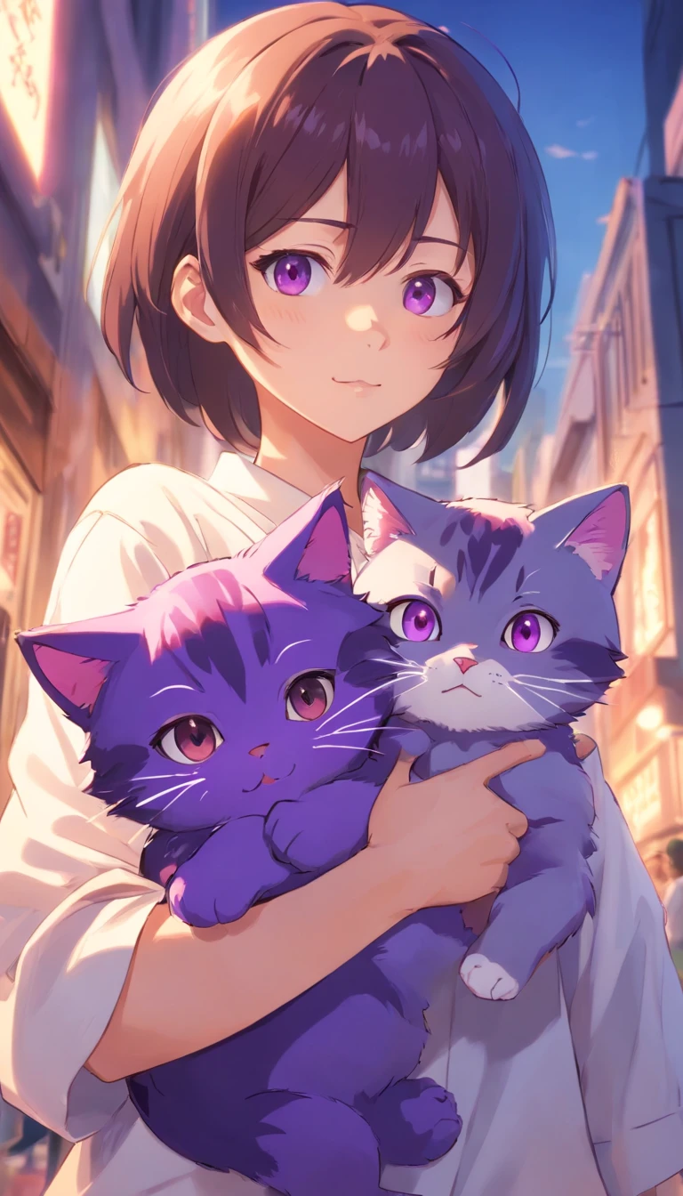 self-shot，Upper body photo，Holding a purple cat head doll，Makoto Shinkai anime，The boy does not wear glasses，