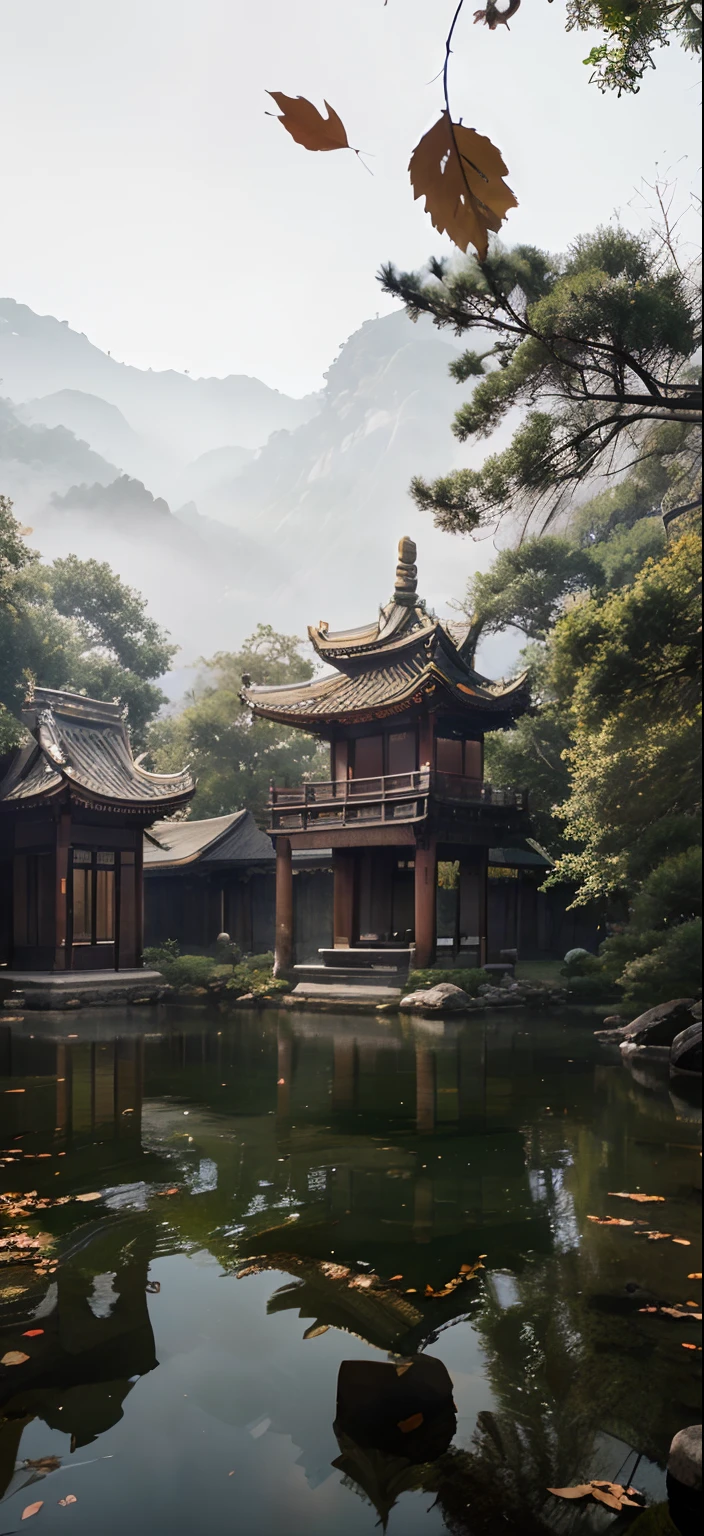 Quaint Han Dynasty style temple，（There was an ancient Chinese monk who sat and meditated（closeup cleavage）），（Meditate），zazen，age-old tree，falling leaf，（Chinese landscape painting style），（Pastel ink painting），（8k wallpaper），（light and shadow effect），rendering by octane，White balance design，Extremely detailed picture depiction，wide angles，depth of fields，tmasterpiece，realisticlying，Beautifully depicted，A detailed，acurate，Works of masters，tmasterpiece