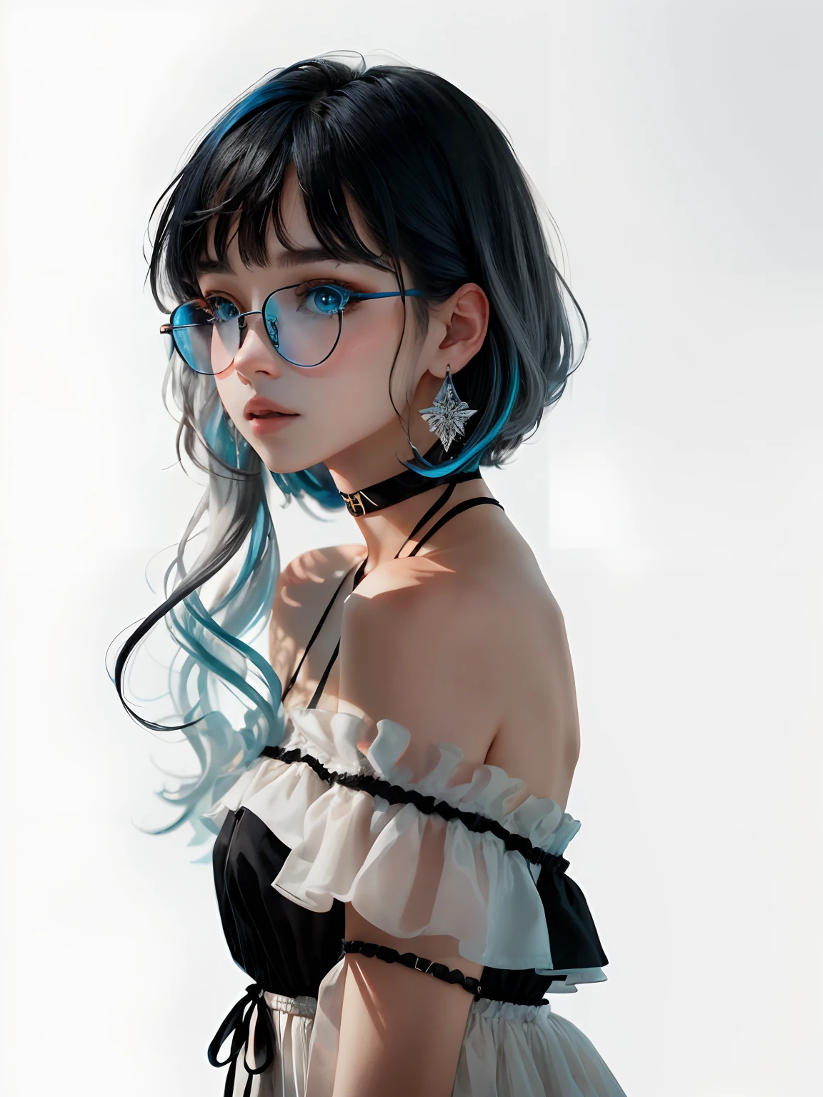 8k wallpaper, masterpiece, movie lighting, best quality, illustration, dramatic angle, ((color: 1.1)), ((color inner hair: 1.4)), 1girl, solo, long hair, water, blue eyes, black glasses, choker, parted lips, white choker, liquid hair, black hair, bangs, from side, side, upper body, simple background, gray background, bare shoulders, portrait, looking at the audience, white dress, hair between eyes, white background, earrings,